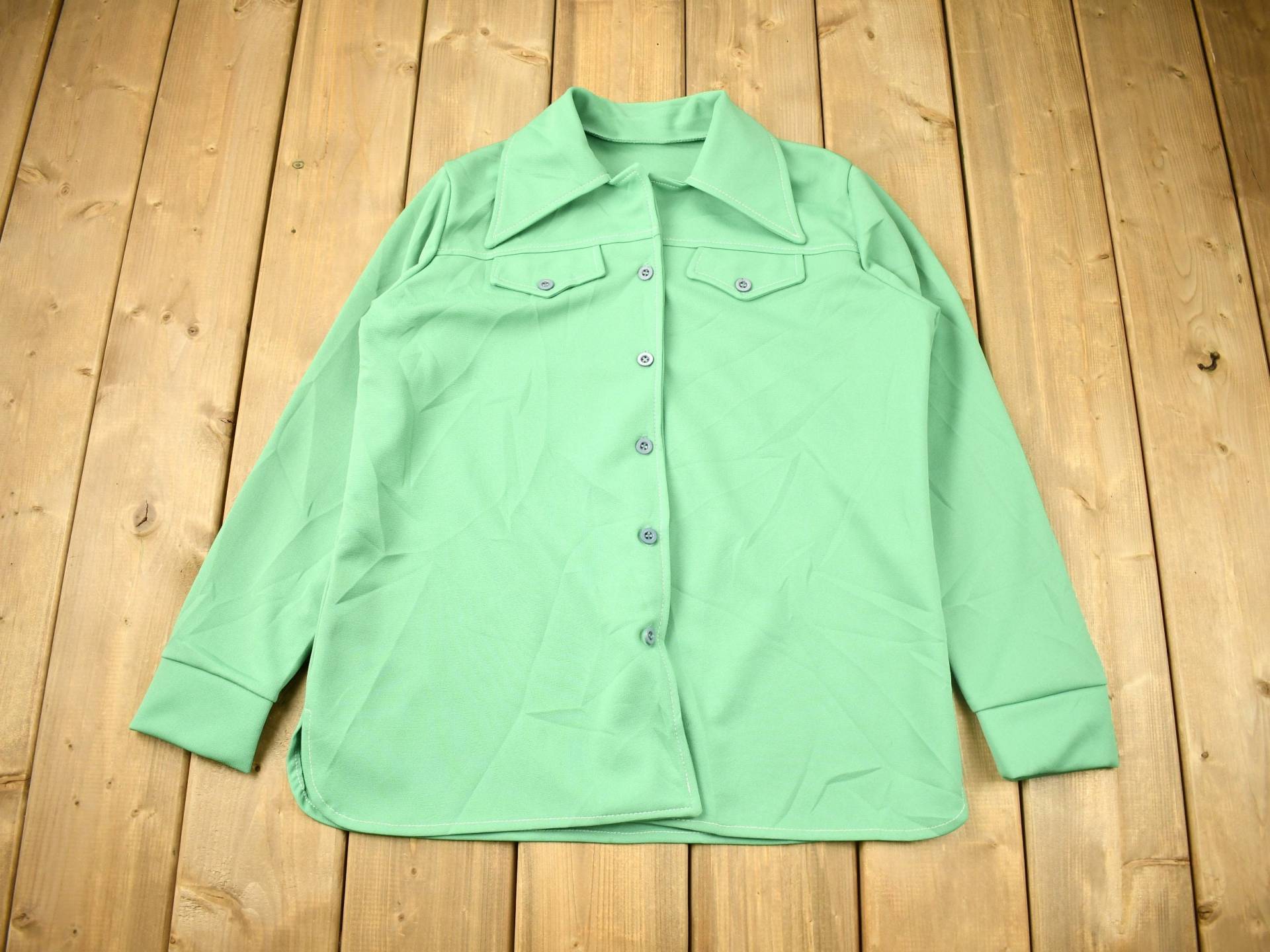 Vintage 1970S Lime Green Button Up Shirt/True Blank Casual Formelles von Lostboysvintage