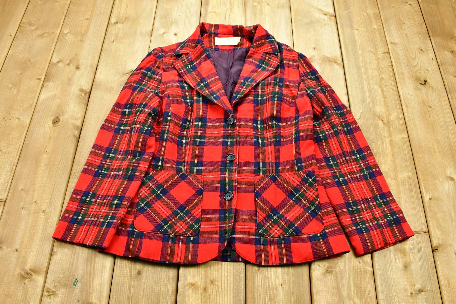 Vintage 1970Er Pendleton Plaid Button Up Damen Blazer Größe 14/100 % Reine Schurwolle Made in Usa True Rot Kariert Wolle von Lostboysvintage