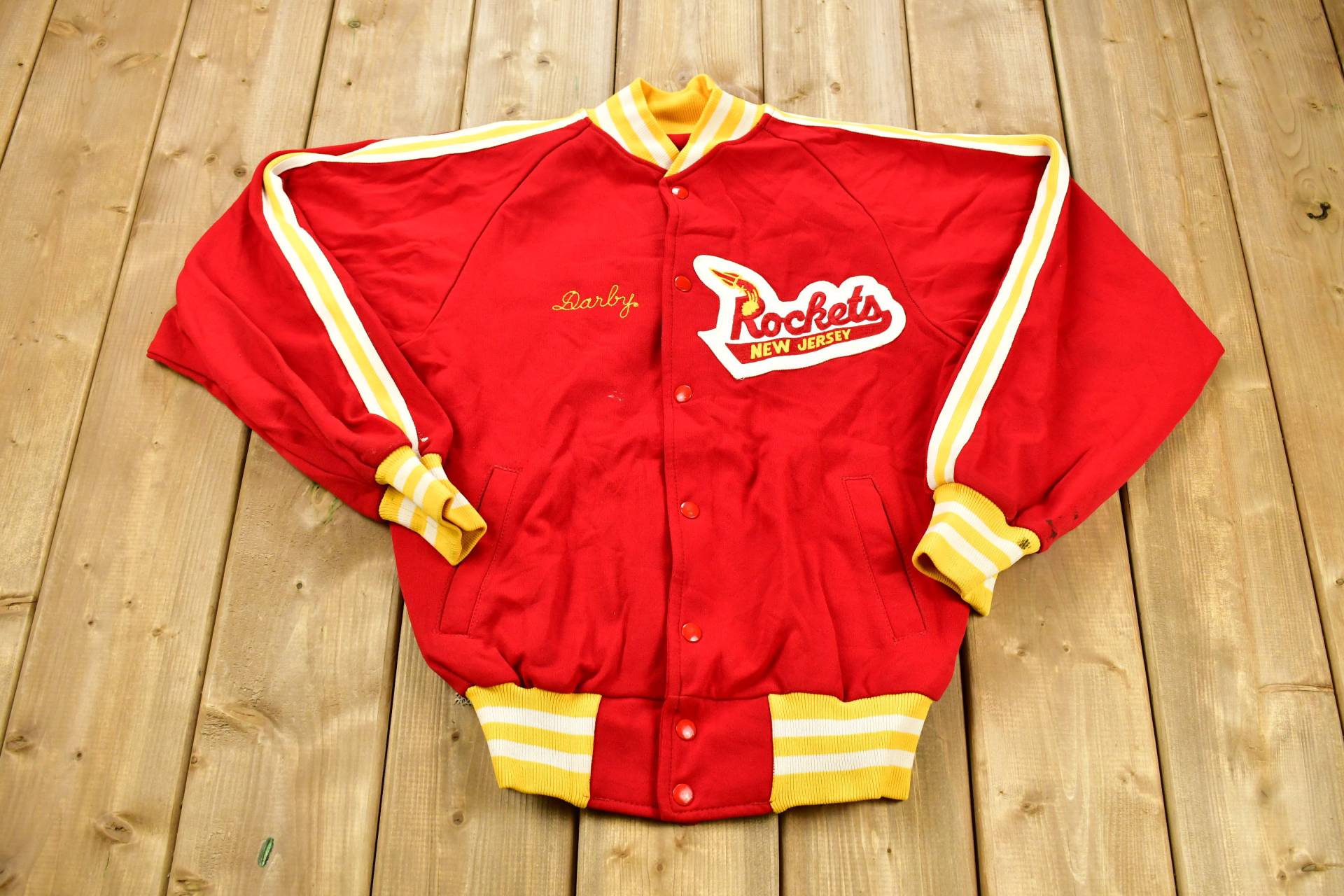 Vintage 1980Er New Jersey Rockets Windjacke Mit Druckknopf/Kette Genäht Darby Made in Usa Sportbekleidung Besticktes Patchwork von Lostboysvintage