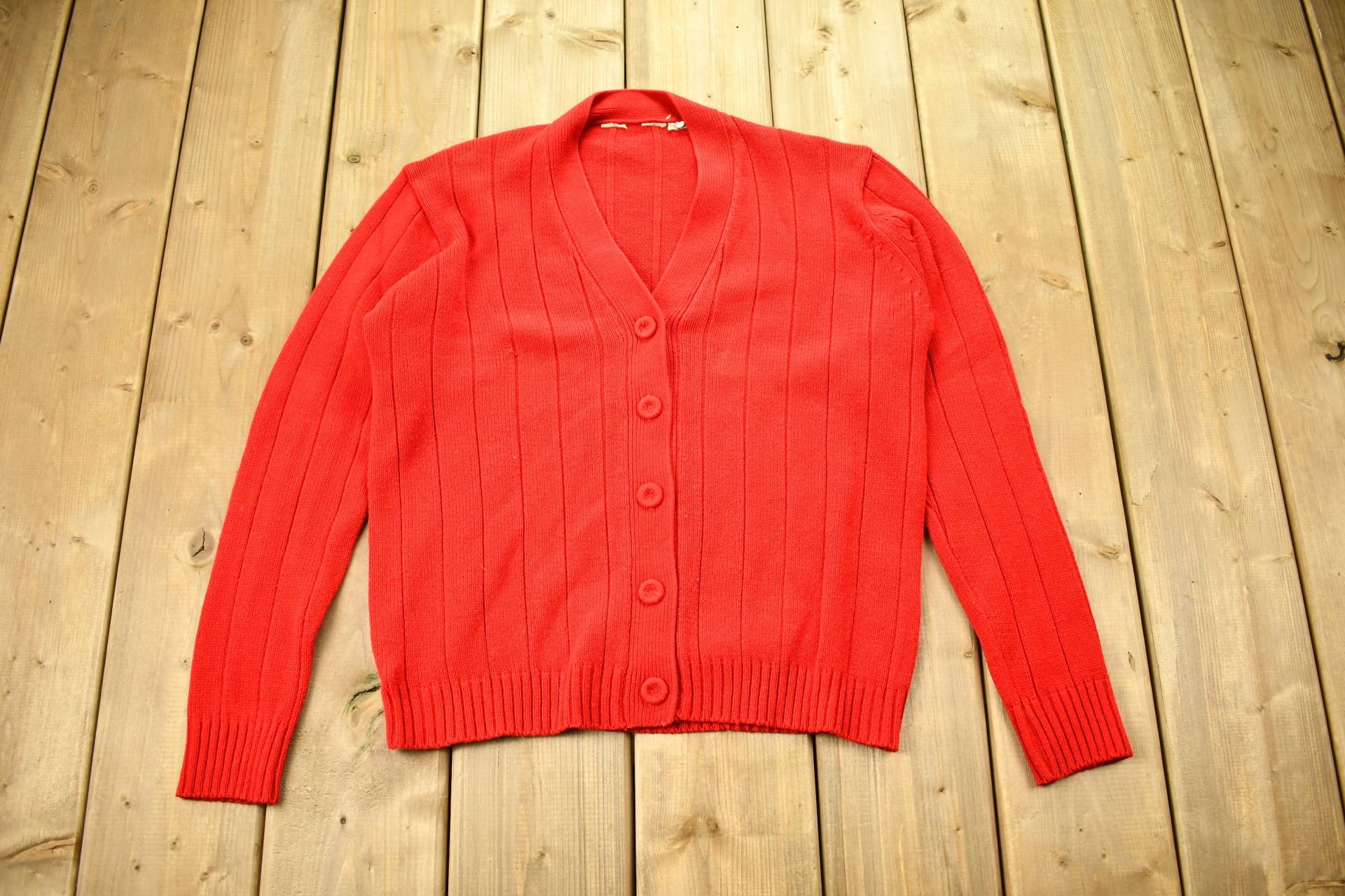 Vintage 1980Er Jahre Roter Strickjacke Pullover/Cardigan Button Up Blank Made in Usa von Lostboysvintage