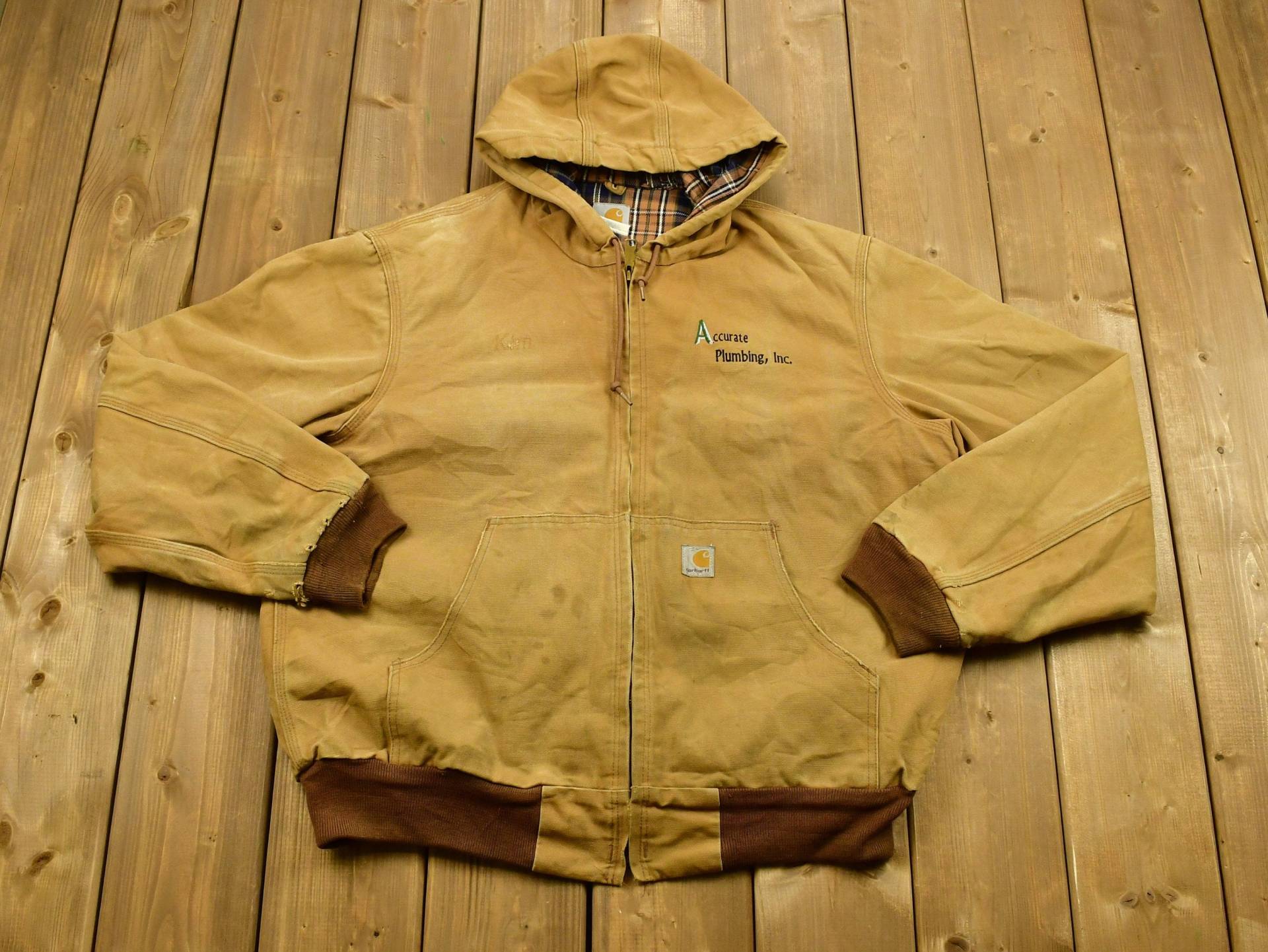 Vintage 1990Er Carhartt Kapuzenarbeitsjacke/Arbeitskleidung Streetwear Made in Usa Decke Gefütterte Jacke Distressed Tan von Lostboysvintage