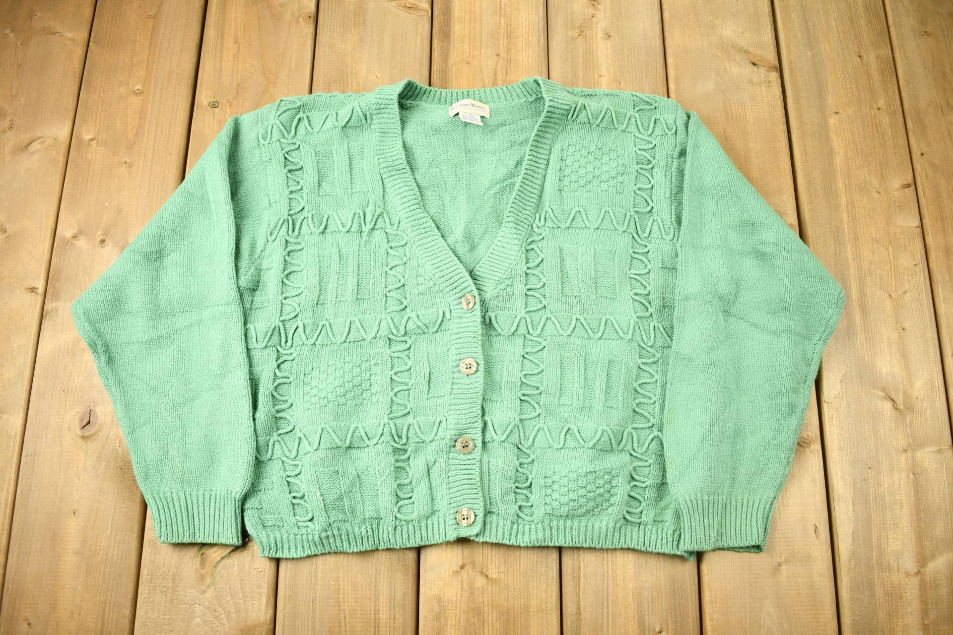 Vintage 1990Er Boundary Waters Zopfstrick-Cardigan-Pullover/Grüner Cardigan 3D-strick Bunt Sweatshirt Mit Abstraktem Muster von Lostboysvintage