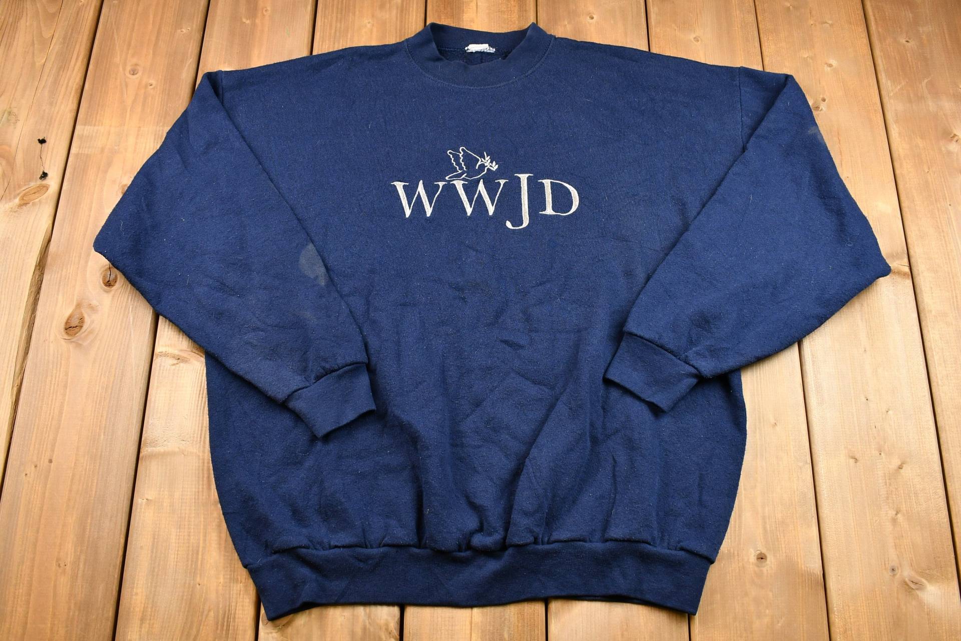 Vintage 1990Er Jahre Distressed Wwjd Gesticktes Rundhals-Sweatshirt, Was Würde Jesus Tun, Taube, Athleisure, Streetwear von Lostboysvintage