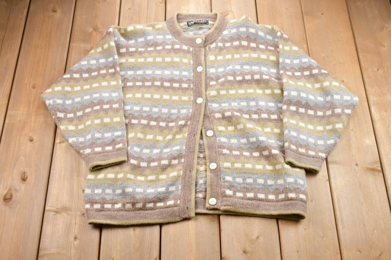 Vintage 1990Er Illary Alpaka Wolle Strickpullover/90Er Strickjacke Musterpullover Outdoor Handgestrickt Abstrakter Cardigan von Lostboysvintage