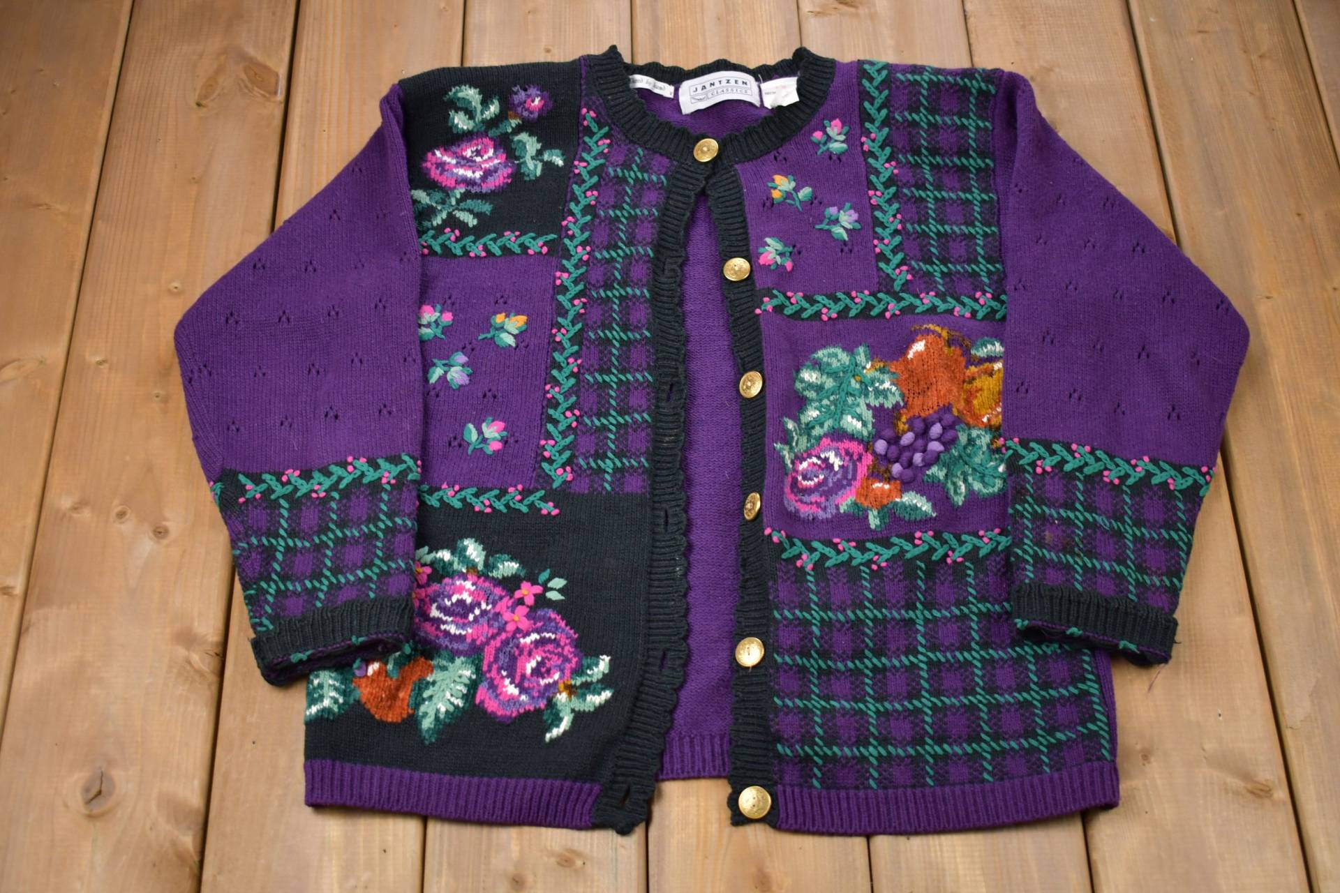Vintage 1990Er Jahre Jantzen Classic Floral Graphic Strickpullover/90S Cardigan Muster Pullover Outdoor Hand Knit von Lostboysvintage