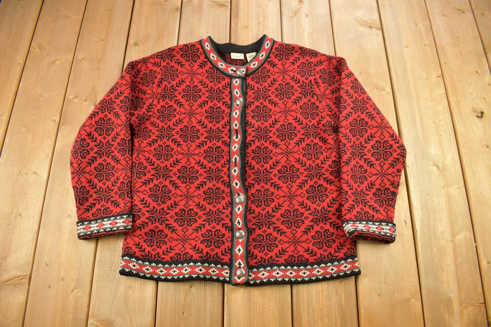 Vintage 1990Er Jahre Ll Bean Damen All Over Pattern Cardigan/strickjacke Button Up 100% Merino Wolle von Lostboysvintage