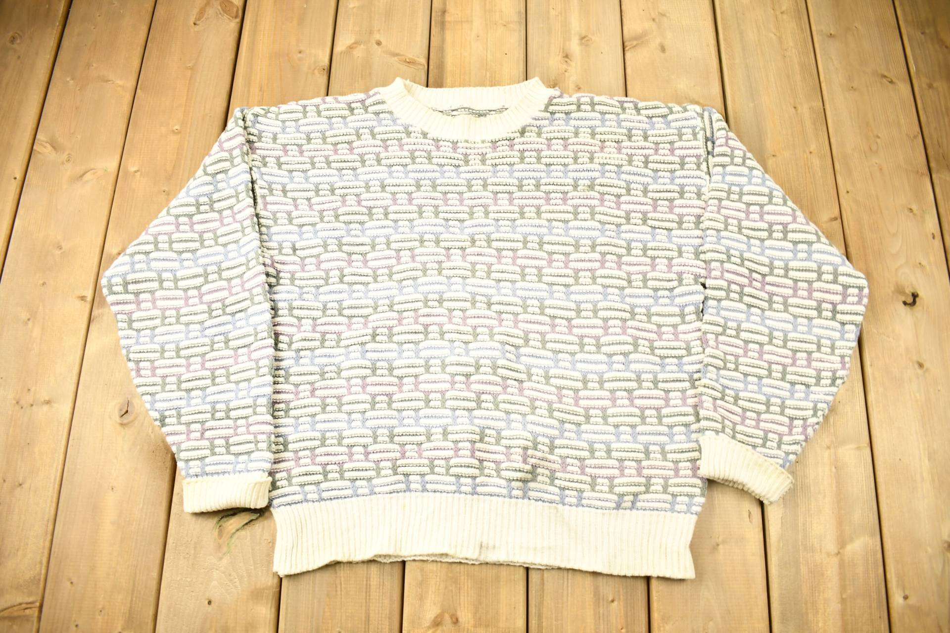 Vintage 1990Er 3D Cable Knit Crewneck Pullover/90Er Abstrakte Muster Streetwear Bunt von Lostboysvintage