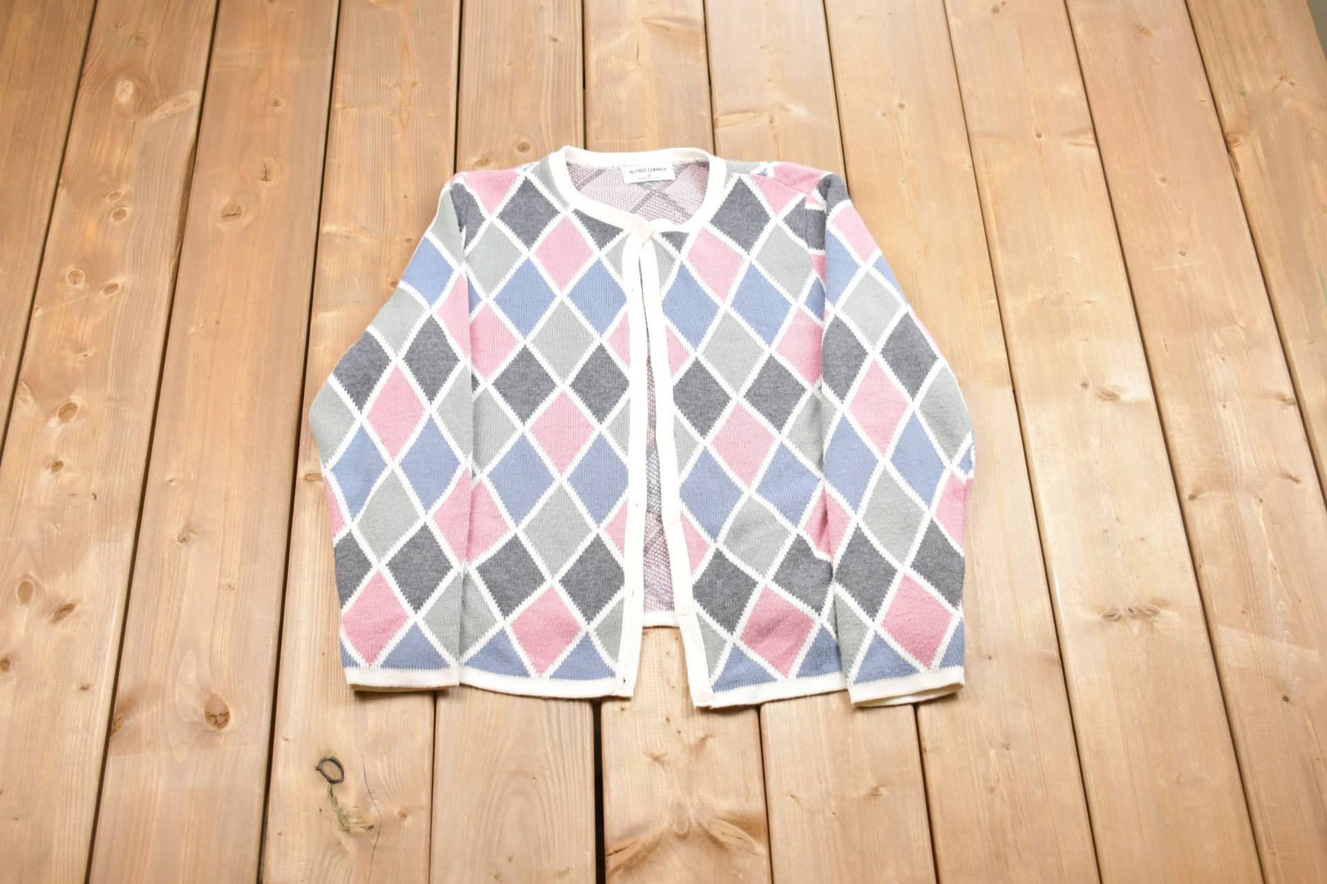 Vintage 1990S Alfred Dunner Argyle Cardigan Sweater/Damen Button Up Patchwork Bestickt Made in Usa von Lostboysvintage