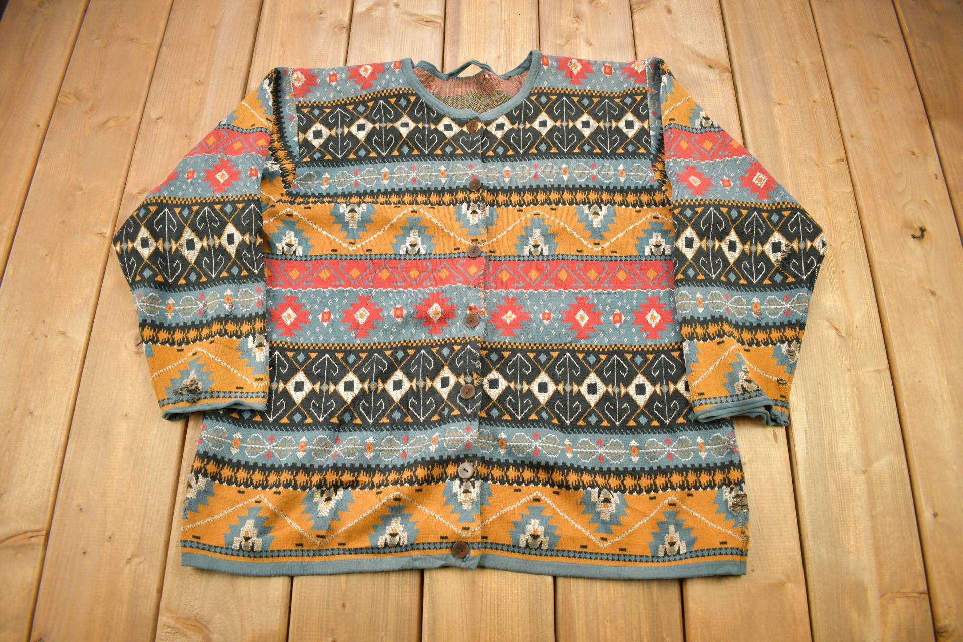 Vintage 1990S All Over Print Azteken Thema Button Up Strickjacke Pullover/Cardigan Abstraktes Muster von Lostboysvintage