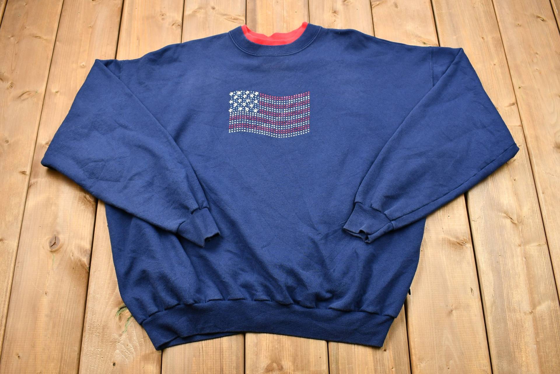 Vintage 1990Er Jahre Bedazzled American Flag Crewneck Sweatshirt/90Er Souvenir Athleisure Streetwear Reisen Und Tourismus von Lostboysvintage