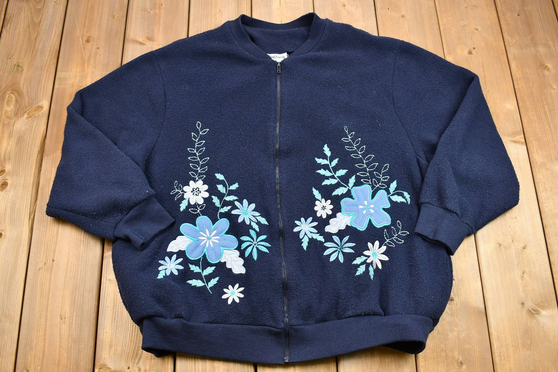 Vintage 1990S Bon Worth Floral Besticktes Zip Up Sweatshirt/Blumen Pullover American Streetwear Süßes von Lostboysvintage