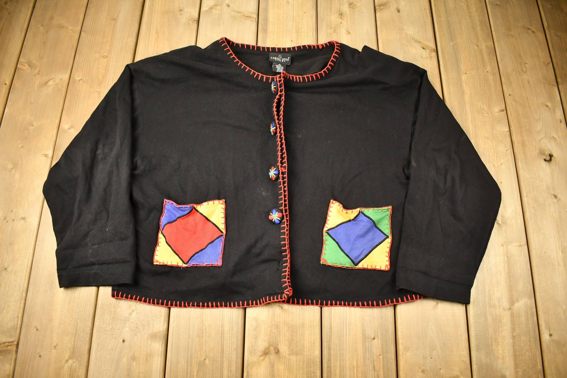 Vintage 1990S Carole Little Sport Strickjacke/Cardigan Button Up Patchwork Bestickt Geometrisch von Lostboysvintage