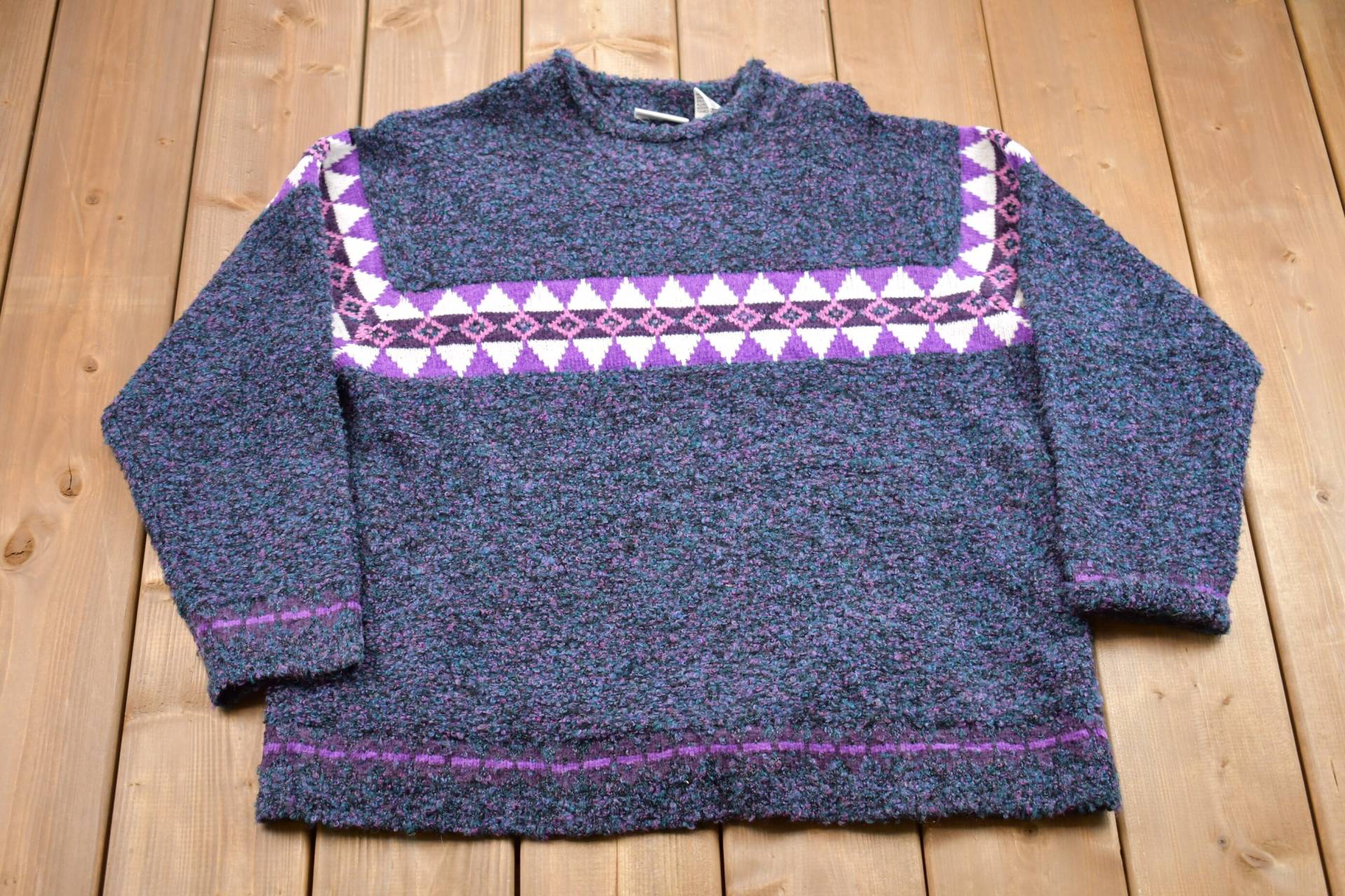 Vintage 1990Er Fashion Bug Gestreifter Strickpullover/90Er Crewneck Musterpullover Outdoor Handgestrickt Pullover Sweatshirt von Lostboysvintage