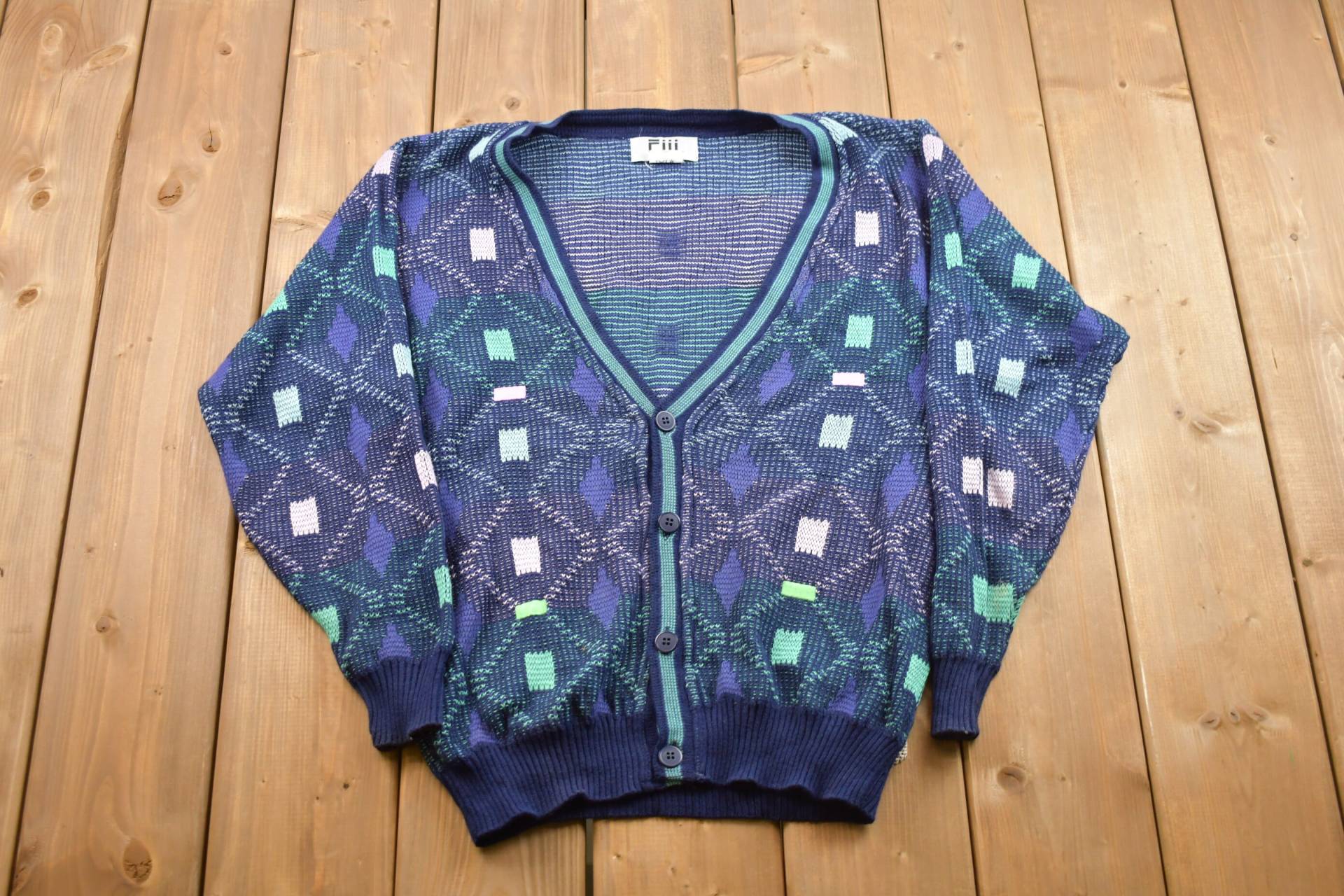 Vintage 1990S Fiii Strickjacke/Cardigan Muster Outdoor Handgestrickt Pullover Sweatshirt Abstrakter Druck von Lostboysvintage