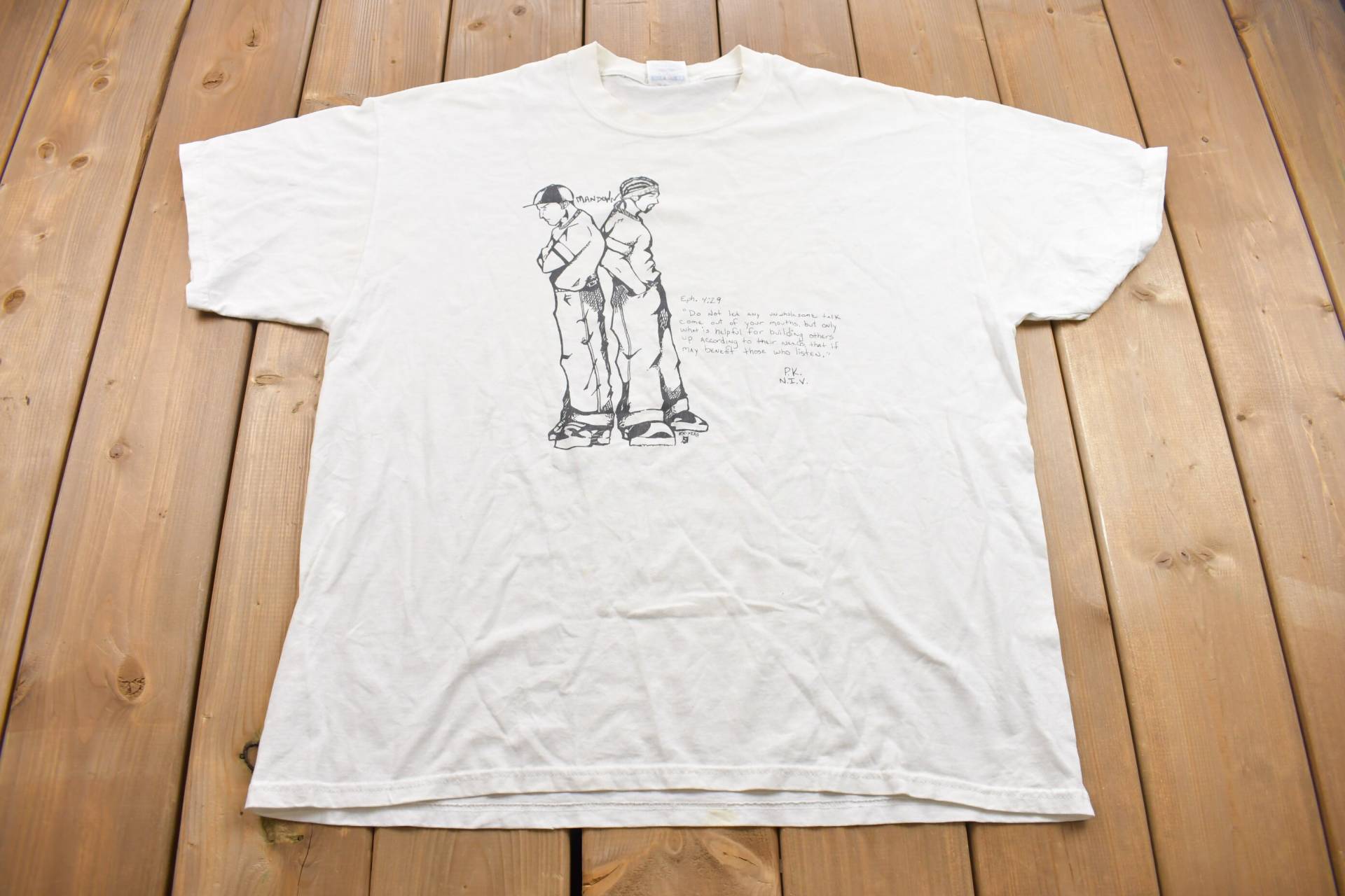 Vintage 1990Er Jerzees Cartoon Bibelvers Grafik T-Shirt/Seltener Streetwear von Lostboysvintage