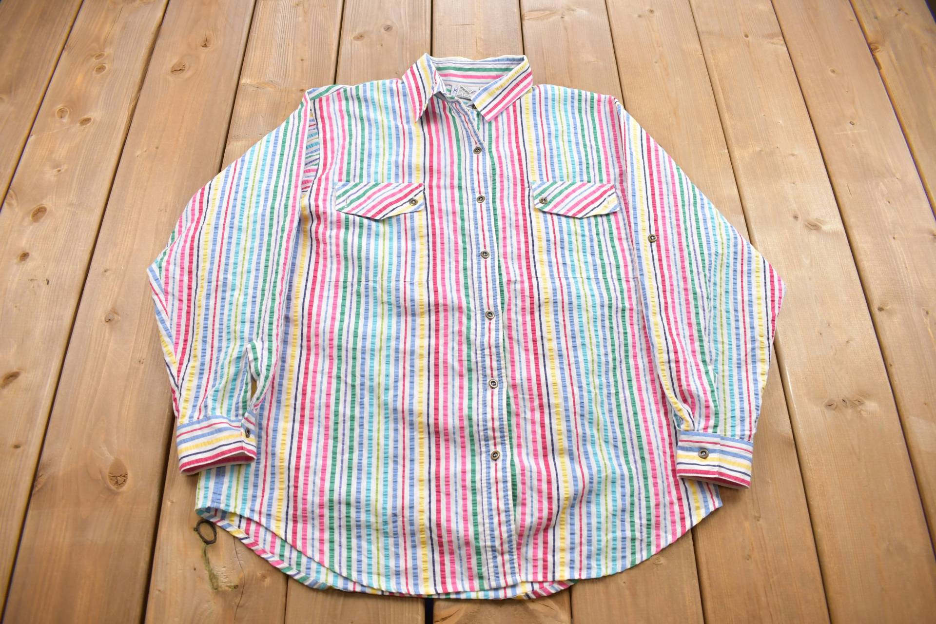 Vintage 1990Er Jahre Koret City Blues Gestreiftes Button-Up-Hemd/Hergestellt in Den Usa Abstraktes Muster Freizeithemd Formelles Hemd von Lostboysvintage