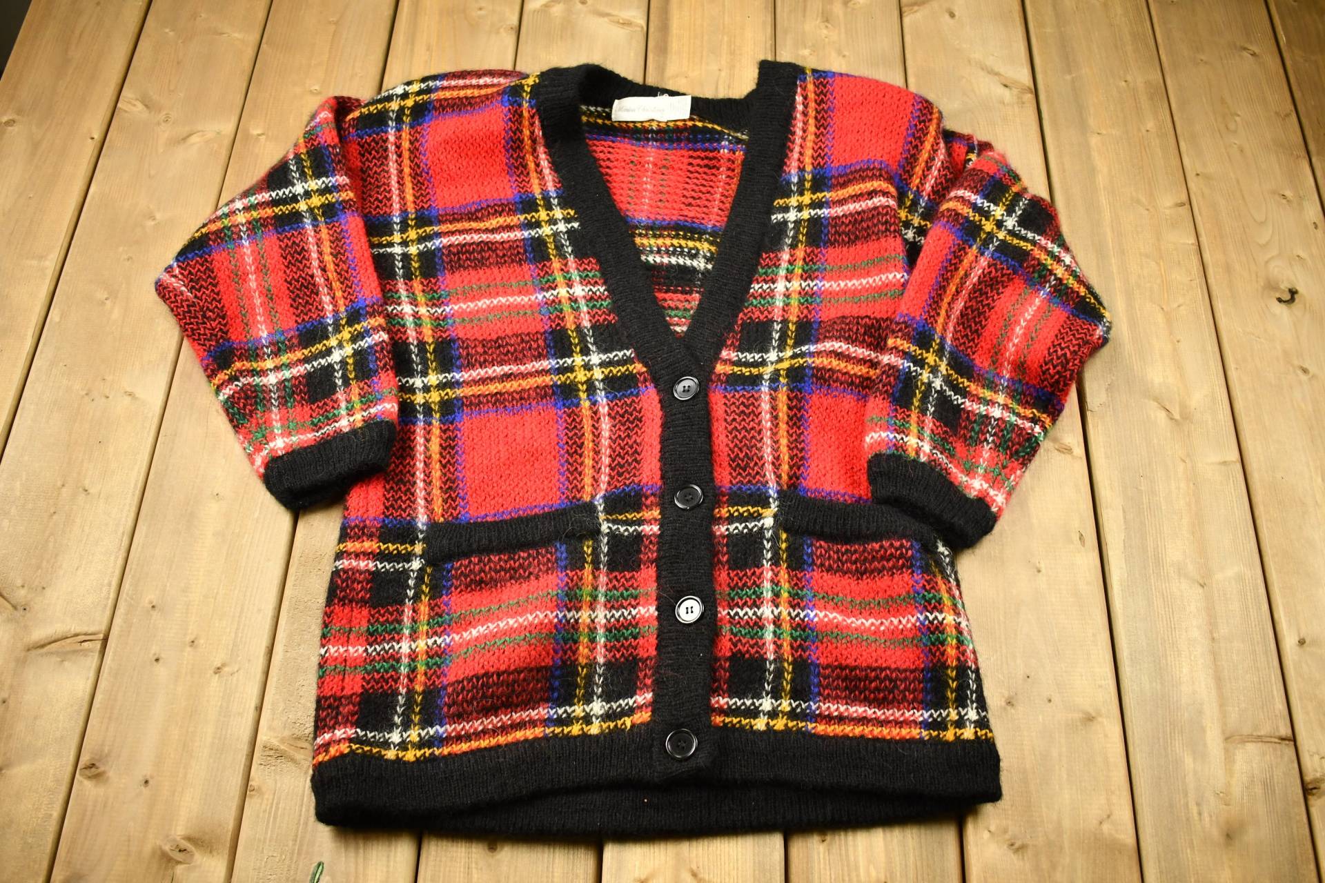 Vintage 1990S Marisa Christina Karierter Mohair Strickmantel Cardigan/Button Up Patchwork Heavyweight Made in Usa von Lostboysvintage