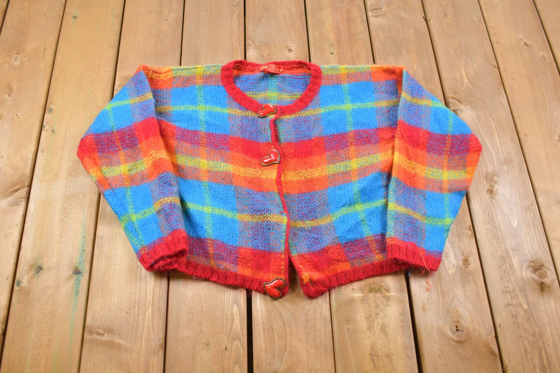 Vintage 1990S One Step Up Regenbogen Herz Button Cardigan Sweater/Mohair Patchwork Bestickt von Lostboysvintage