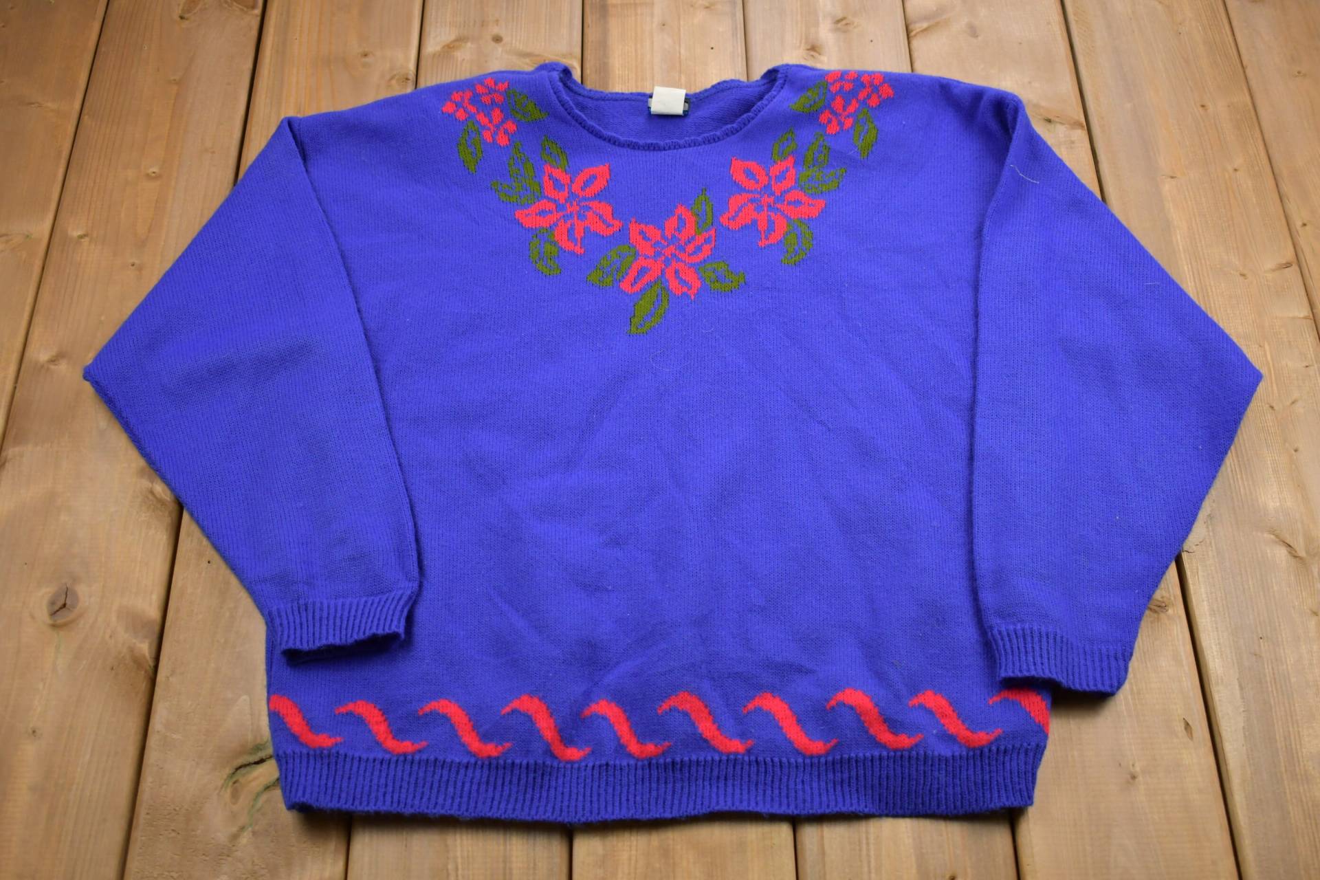 Vintage 1990S Panther Floral Strickpullover/90Er Jahre Rundhals Muster Pullover Outdoor Handgestrickt von Lostboysvintage