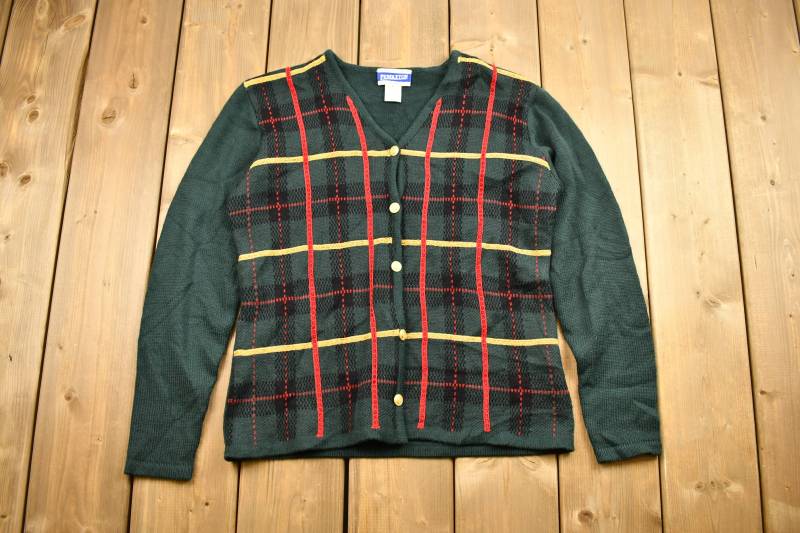 Vintage 1990S Pendleton Cardigan Sweater/Button Up Patchwork Wolle & Acryl Karierte von Lostboysvintage