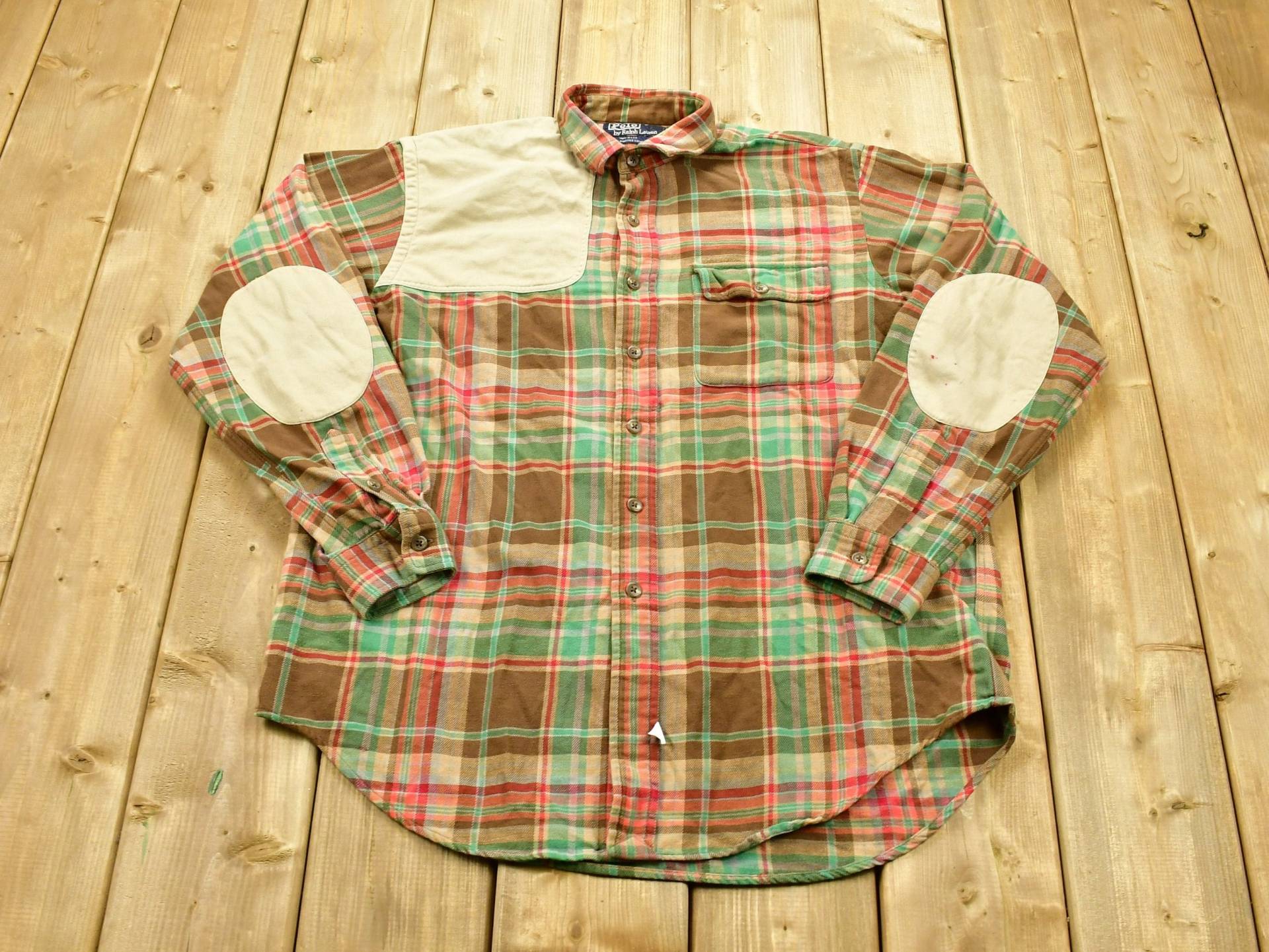 Vintage 1990S Polo Ralph Lauren Jagdhemd Durchgeknöpft/Patchwork Flanell Wildlederbesatz Made in Usa von Lostboysvintage