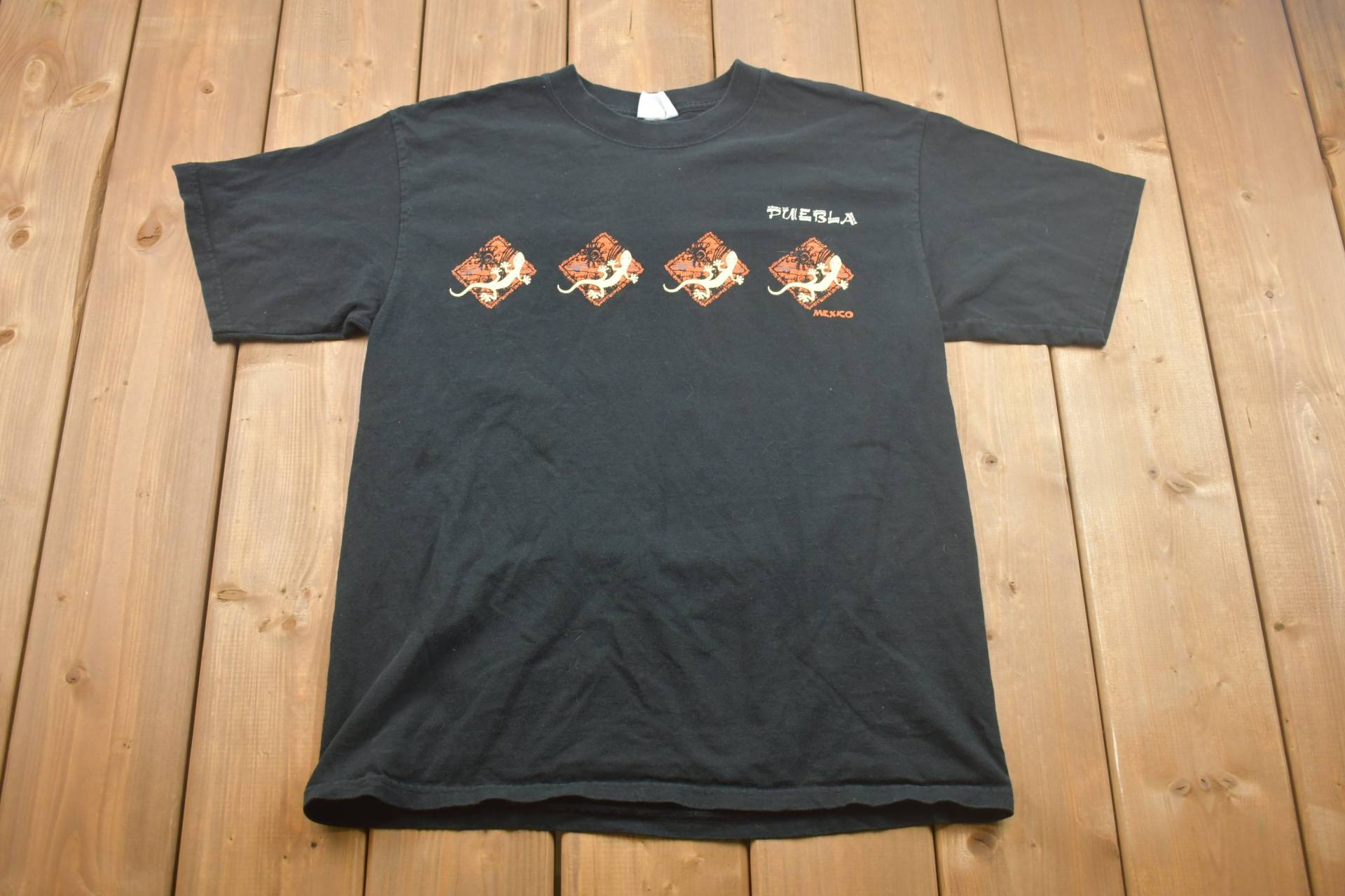 Vintage 1990S Puebla Mexico Eidechse T-Shirt/Eidechsen Grafik Streetwear Fashion Made in Usa Urlaubs Reisen & Tourismus von Lostboysvintage