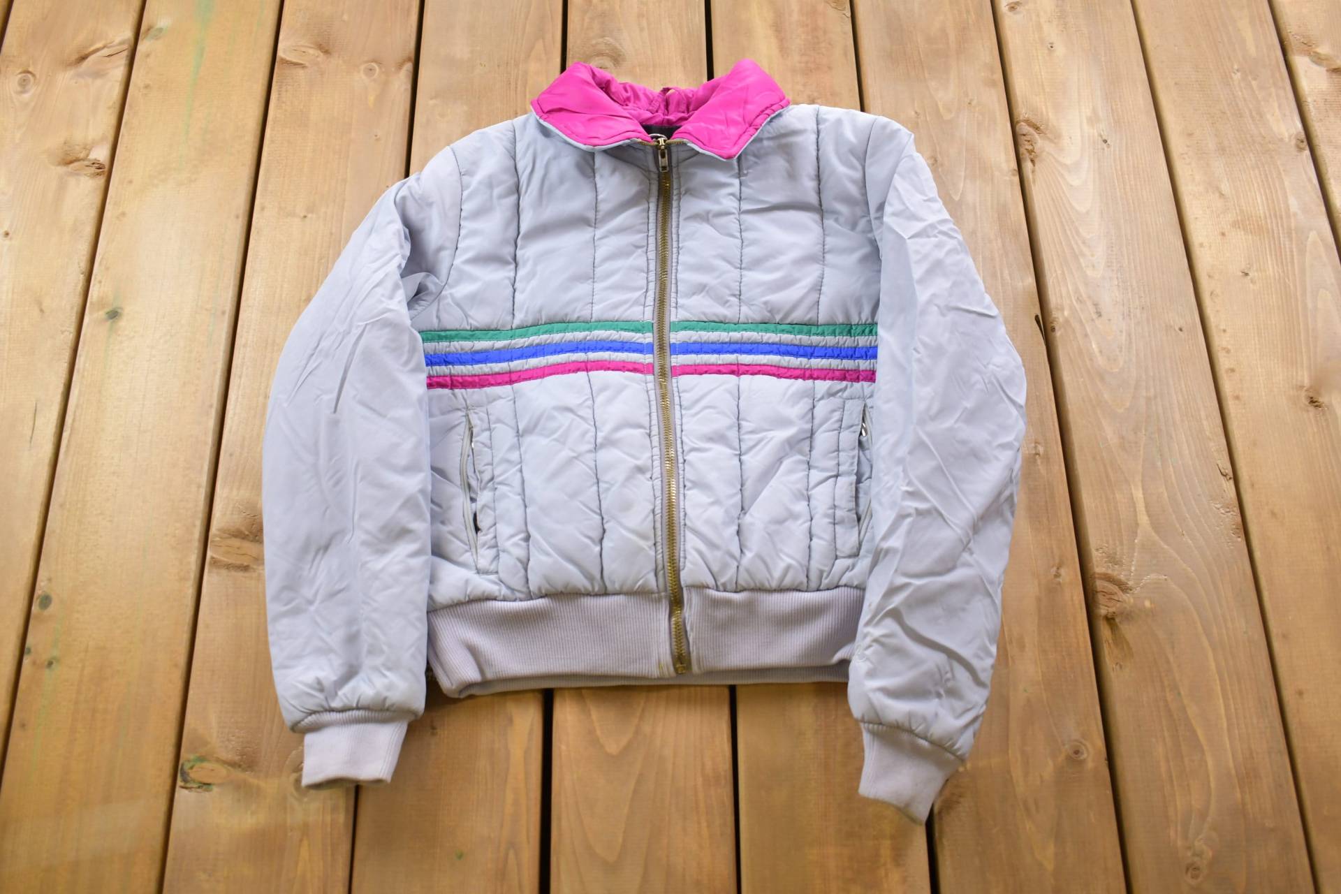 Vintage 1990Er Jahre Gestreifte Ski Puffer Jacke/Gänsedaunenfüllung Bubble Winter Streetwear Skijacke Full Zip von Lostboysvintage