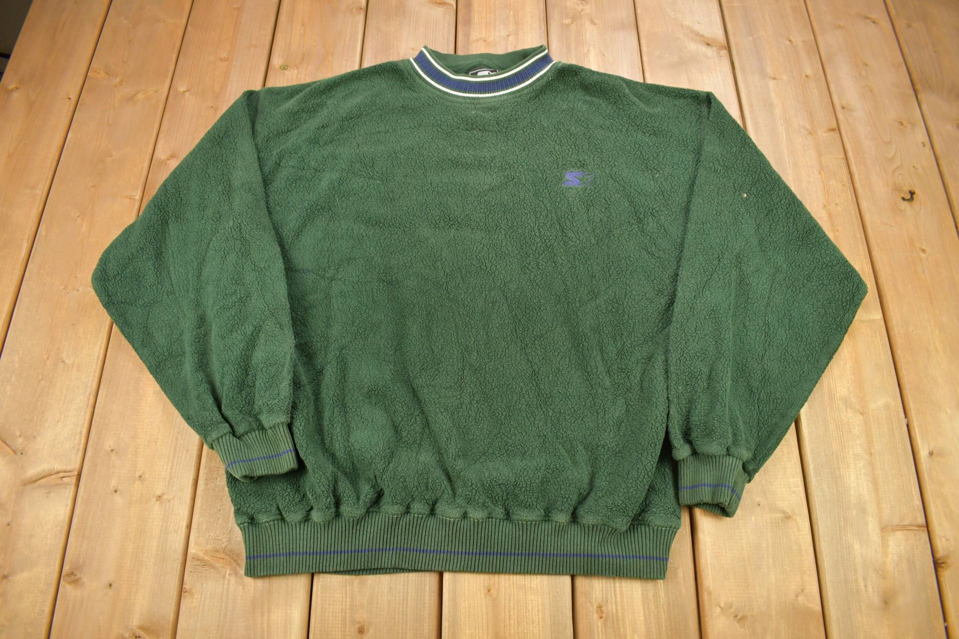 Vintage 1990Er Starter Forest Green Blank Deep Pile Fleece Crewneck Sweatshirt/90Er Essential Streetwear Blanko von Lostboysvintage