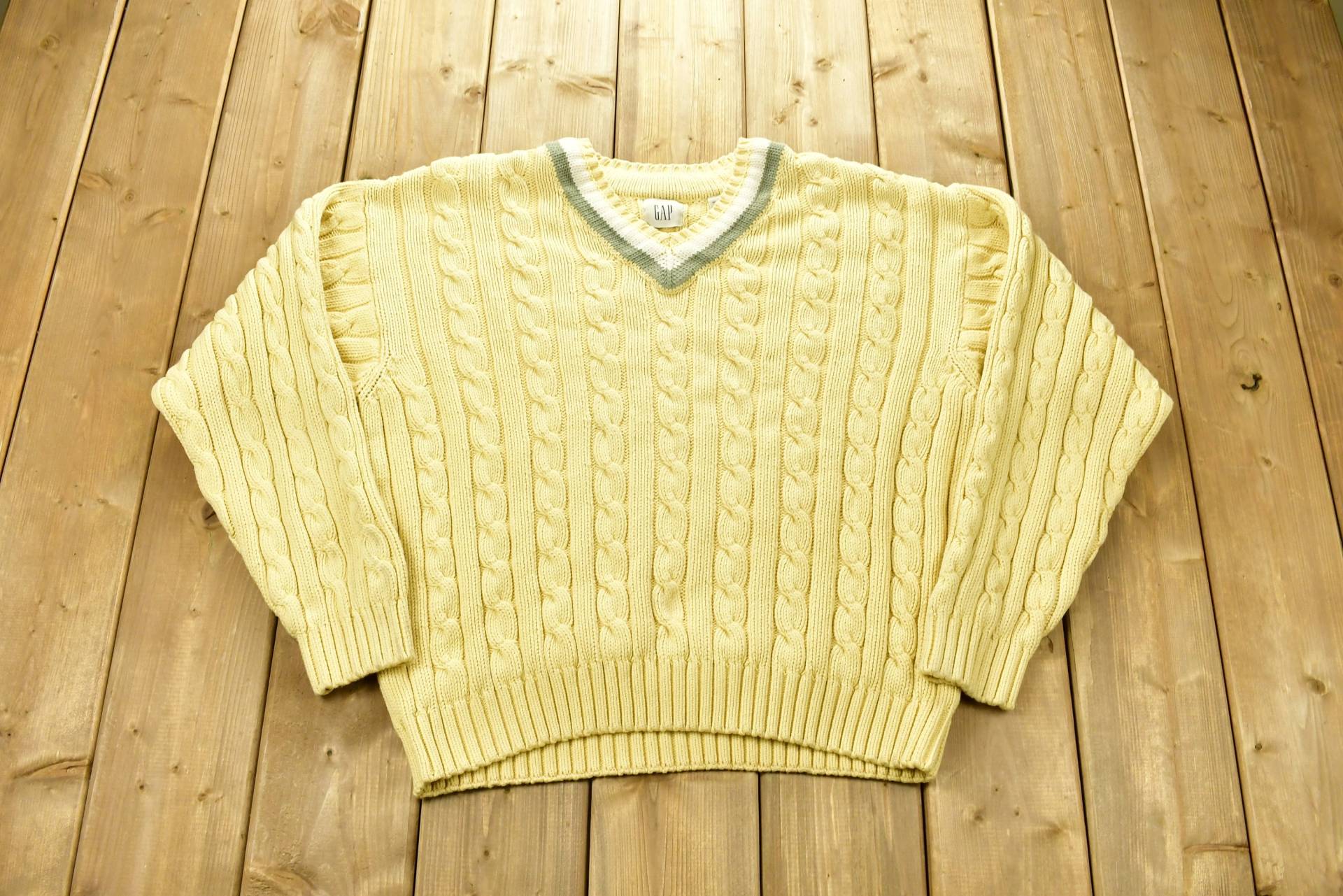 Vintage 1990S The Gap Strickpullover Mit V-Ausschnitt/90S Rundhals 3D Zopfmuster Outdoor Sweatshirt Abstrakte Grafik von Lostboysvintage