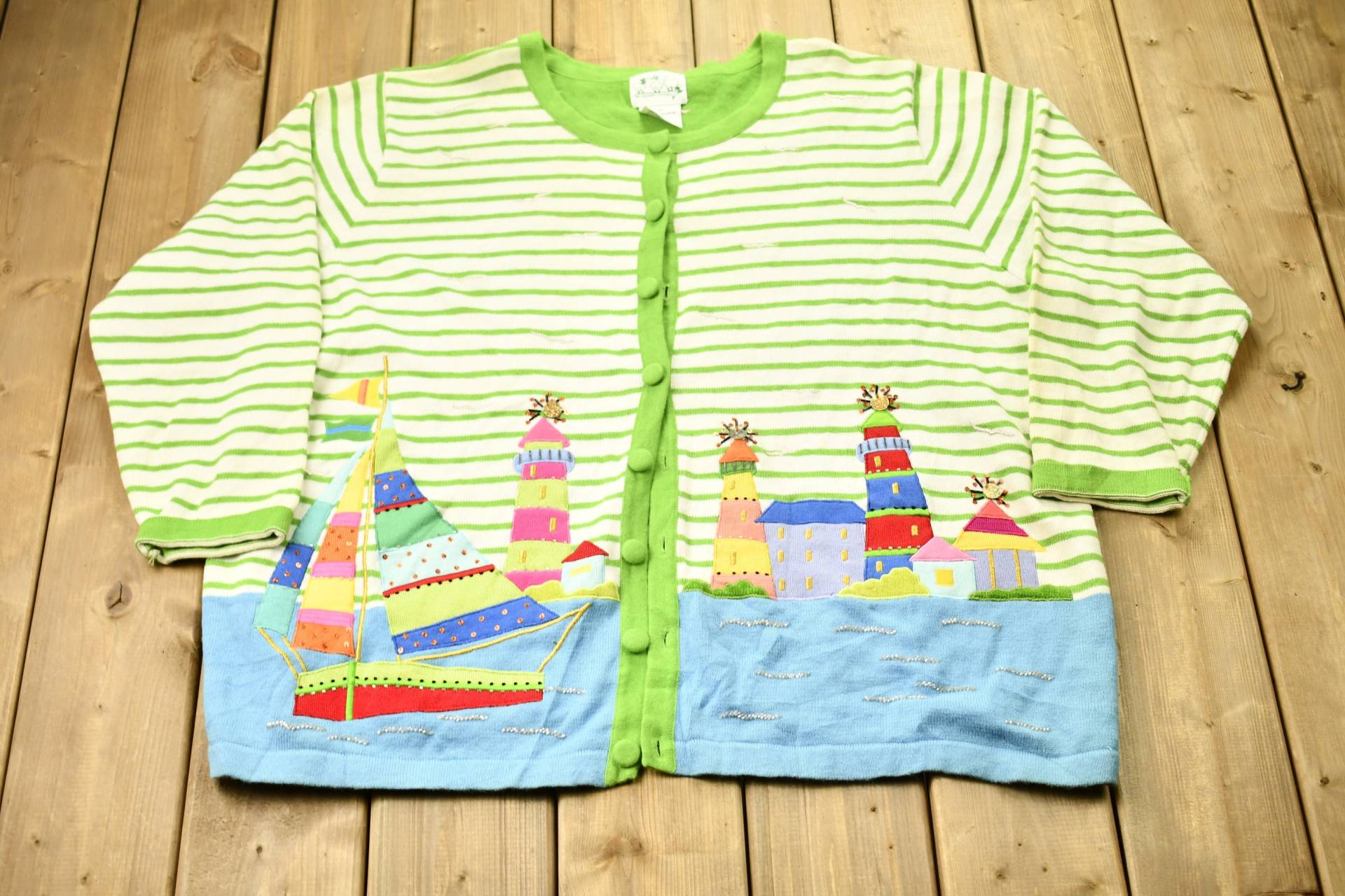 Vintage 1990Er Jahre The Quacker Factory Gestreifter Cardigan/90Er Boot Grafik Outdoor Winterpullover von Lostboysvintage