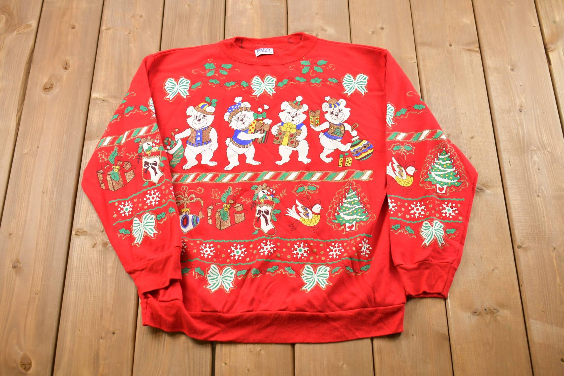 Vintage 1990Er Weihnachtsbär Pullover, 90Er Urlaub Crewneck, Wintermode, Festlicher Grafikdruck, Urlaubszeit, Aop von Lostboysvintage