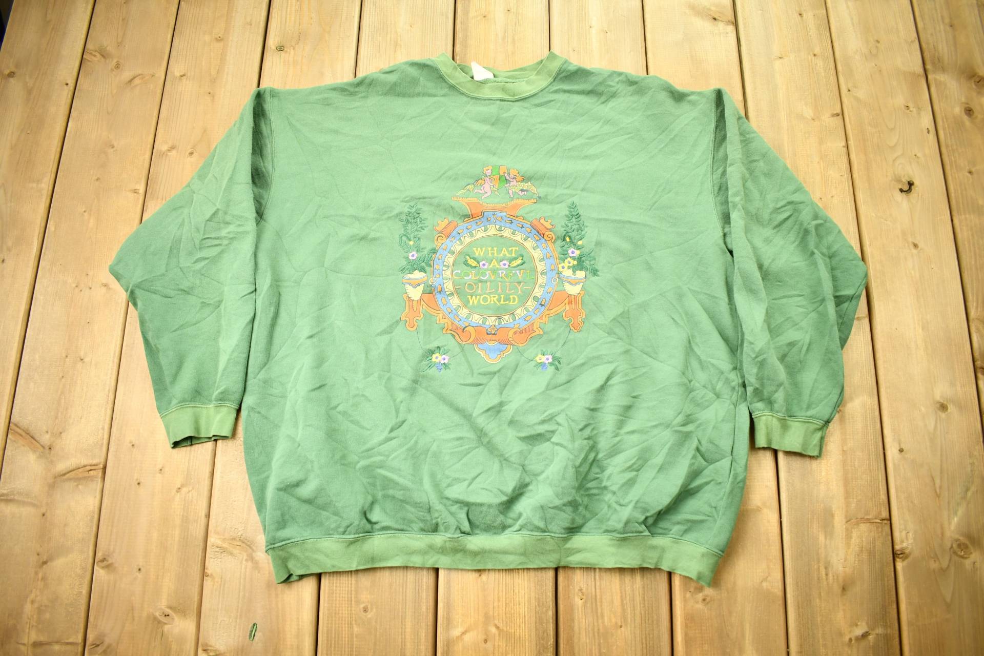 Vintage 1990Er Jahre What A Colorful Oilily World Crewneck Sweatshirt/90Er Pullover Bestickt Streetwear Abstrakt von Lostboysvintage