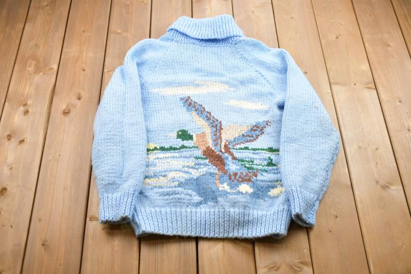 Vintage 80Er Jahre Enten Grafik Curling Strickpullover/Zip Up Muster Pullover Outdoor Handgestrickt von Lostboysvintage