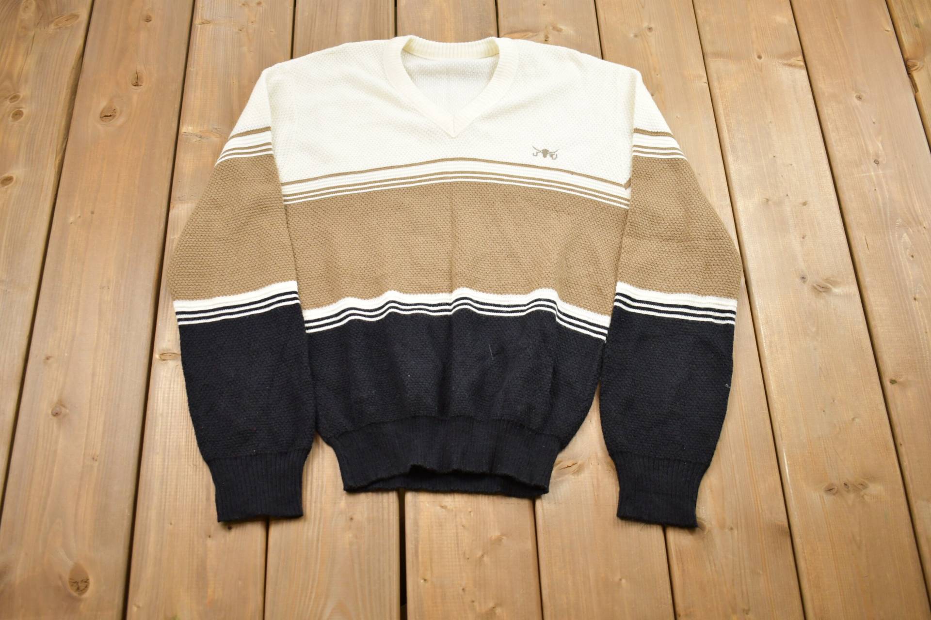 Vintage 1980Er Gestreifter Strickpullover/80Er V-Ausschnitt Musterpullover Outdoor Handgestrickt Pullover Sweatshirt von Lostboysvintage