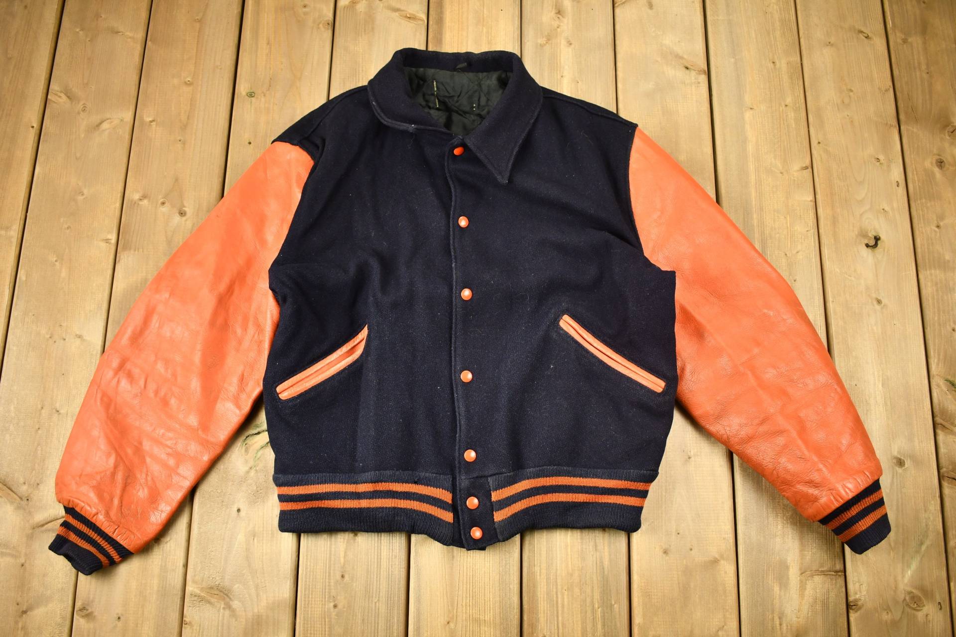 Vintage 1980Er Jahre Echte Flynntan Leder Blank Varsity Jacke/80Er Ledermantel Oranges Streetwear Blanko von Lostboysvintage