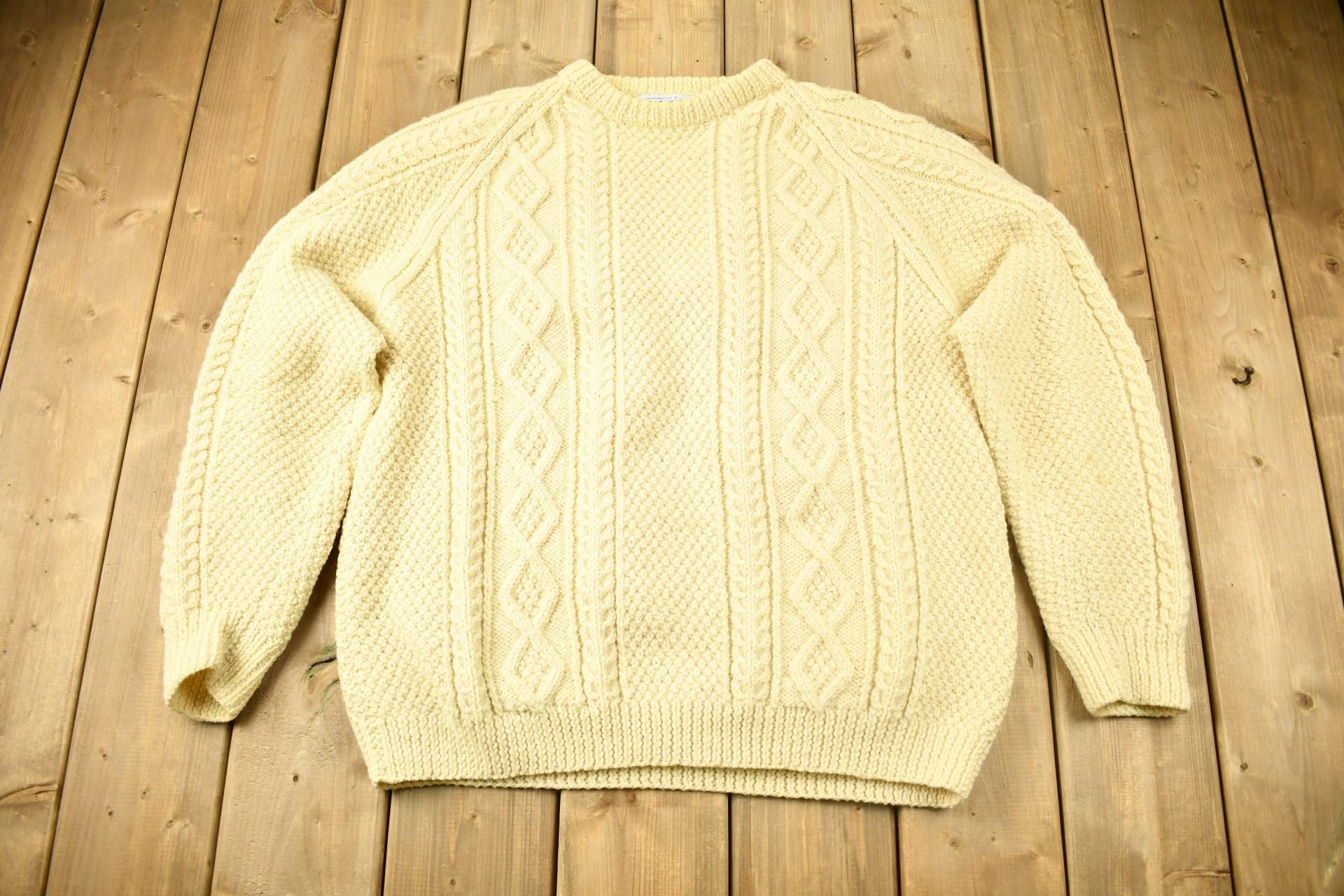 Vintage 1980Er Jahre The Cod Jigger 3D Cable Knit Crewneck Pullover/100 % Wolle 90Er Beige Made in Canada Strukturiert von Lostboysvintage