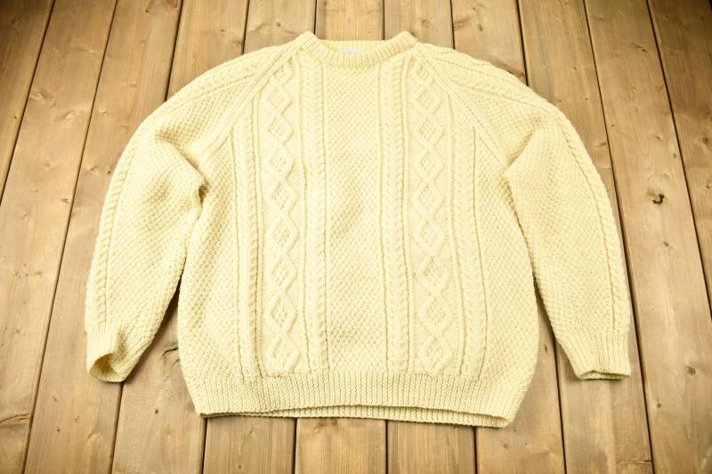 Vintage 80Er Jahre The Cod Jigger 3D Zopfmuster Pullover/100% Wolle 90Er Beige Made in Canada Strukturiert von Lostboysvintage