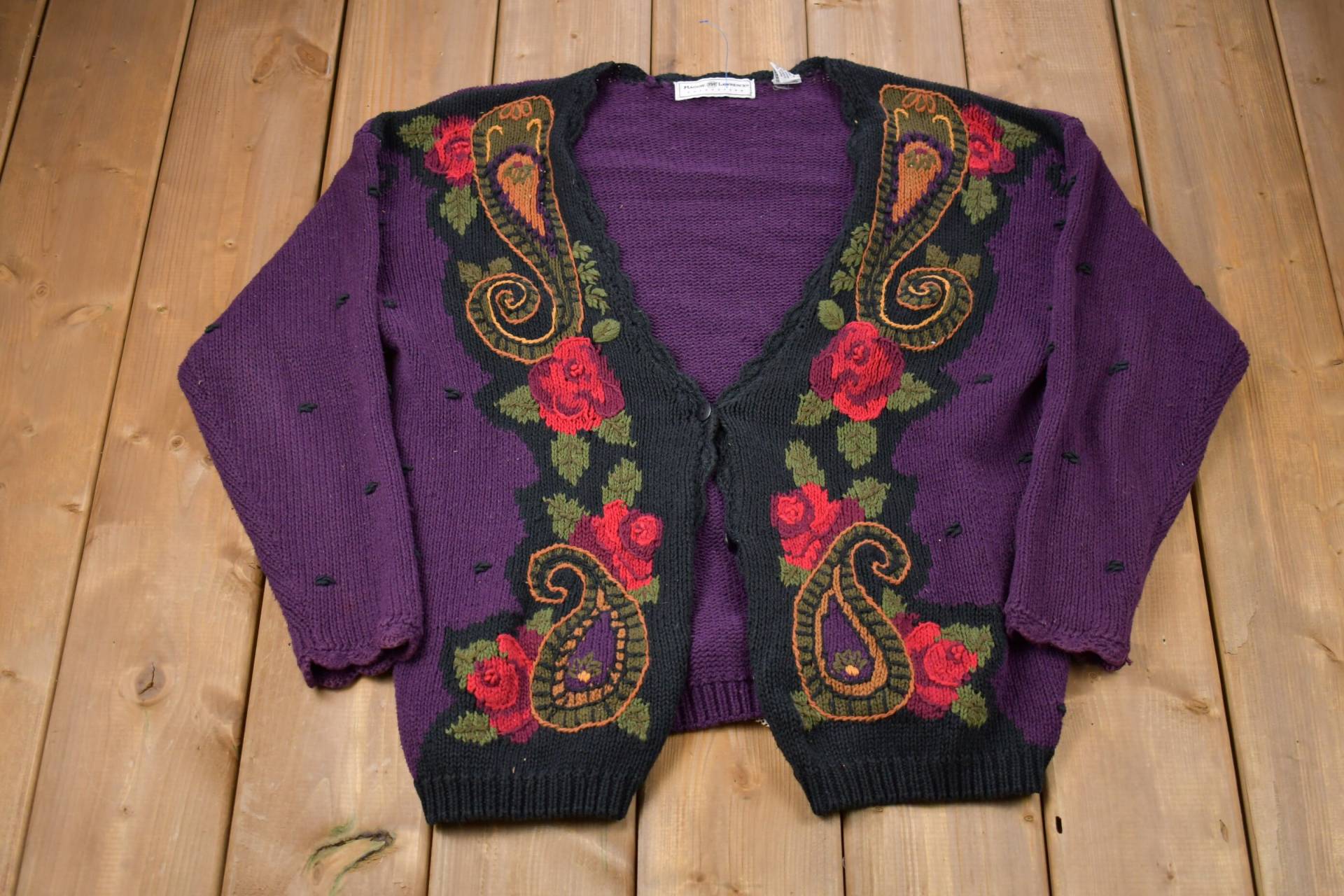 Vintage 80Er Maggielawrence Blümchen Strickpullover/80S Cardigan Musterpullover Outdoor Handgestrickt Floral Gestrickt von Lostboysvintage