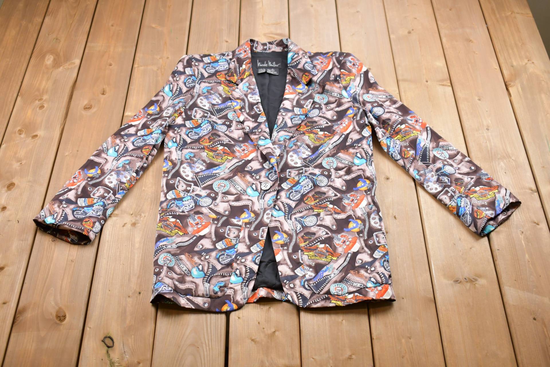 Vintage 90Er Jahre All Over Print Blazer/1990Er Motorrad-Blazer Souvenir Funky Themapartyjacke von Lostboysvintage