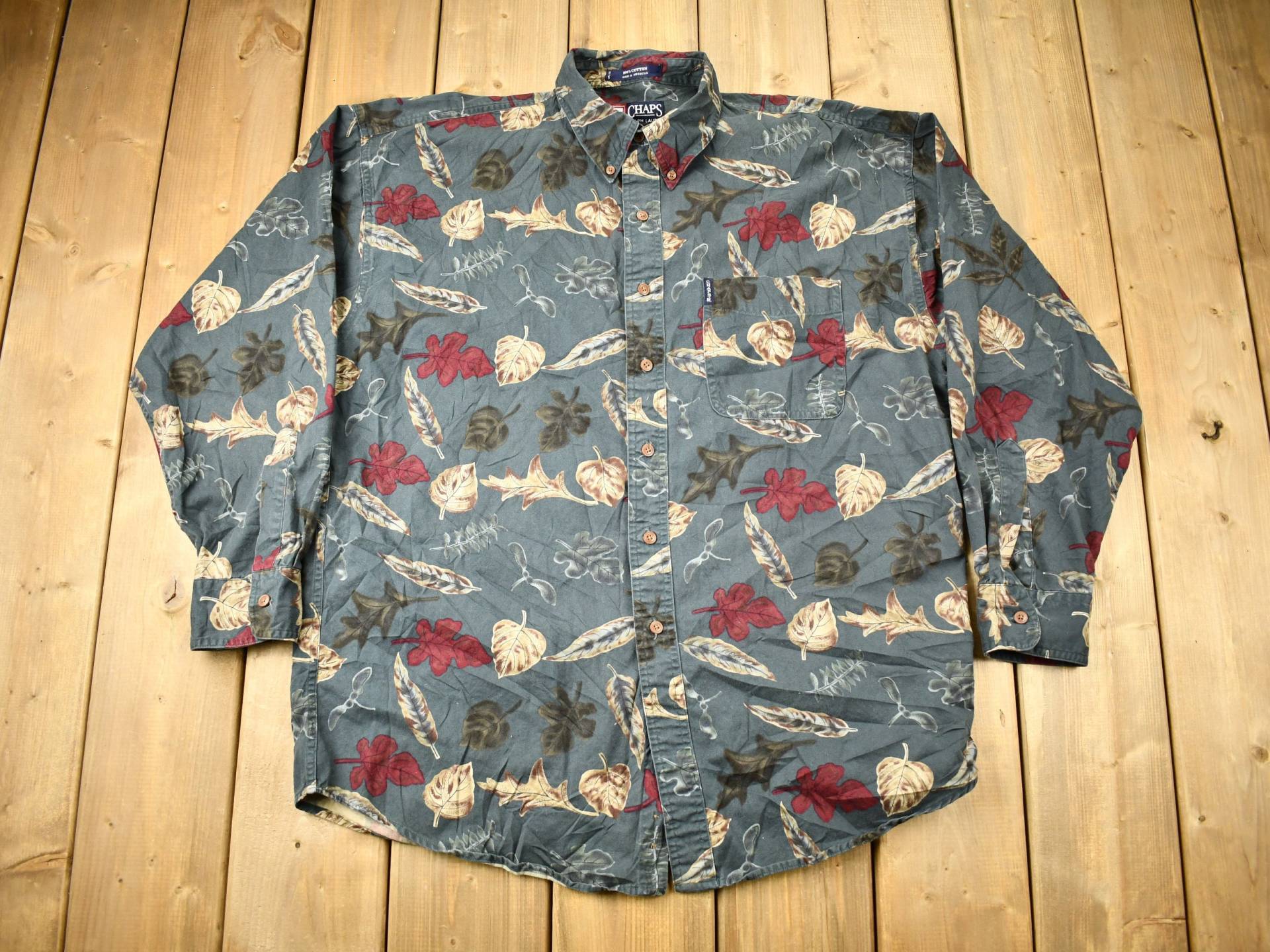 Vintage 90Er Jahre Chaps Ralph Lauren All Over Print Hemd Mit Knöpfen/1990Er Blätter Grafik Naturbursche von Lostboysvintage