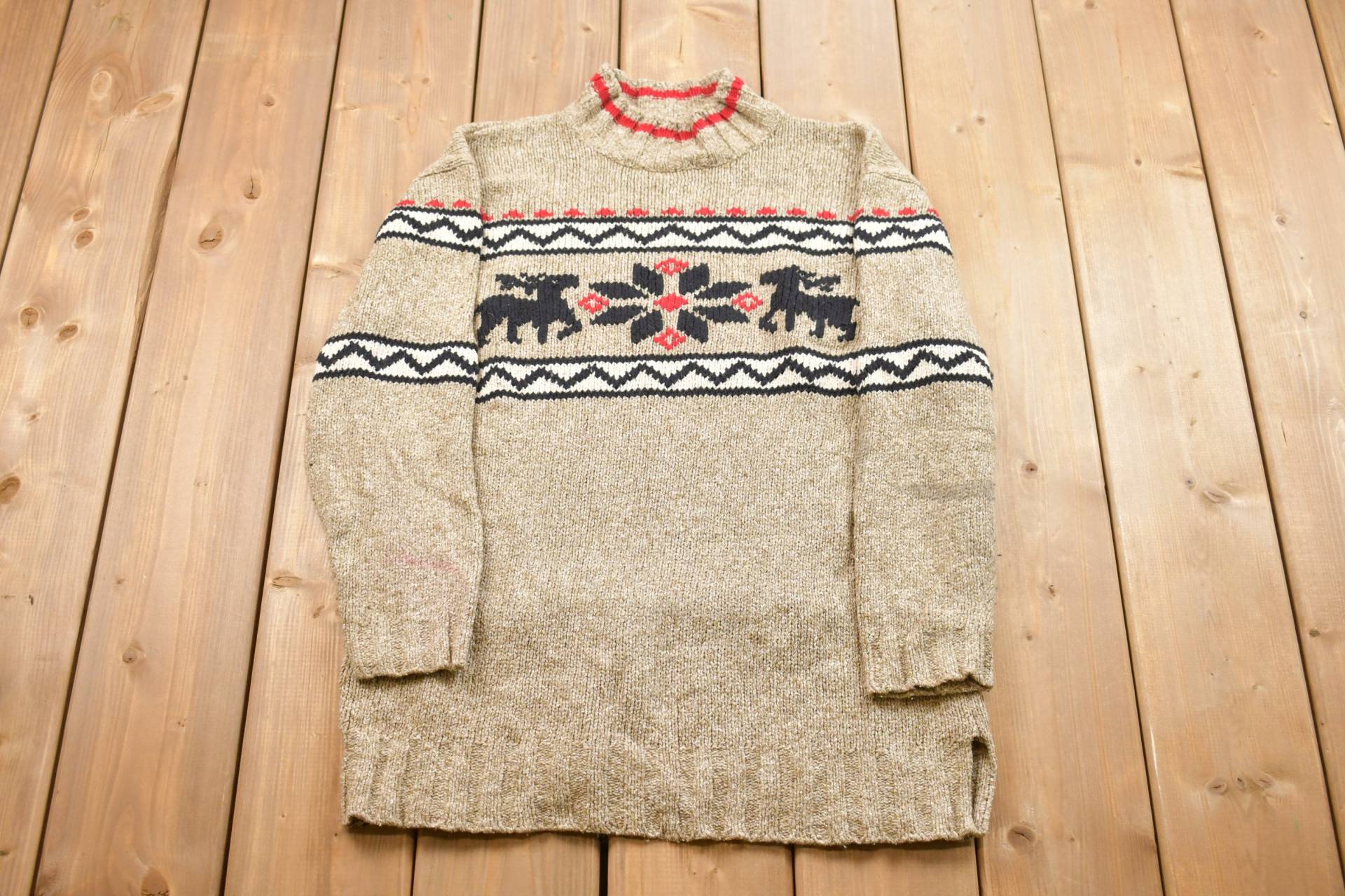 Vintage 1990Er Gestrickter Elchpullover/90Er Crewneck Musterpullover Outdoor Pullover Sweatshirt von Lostboysvintage