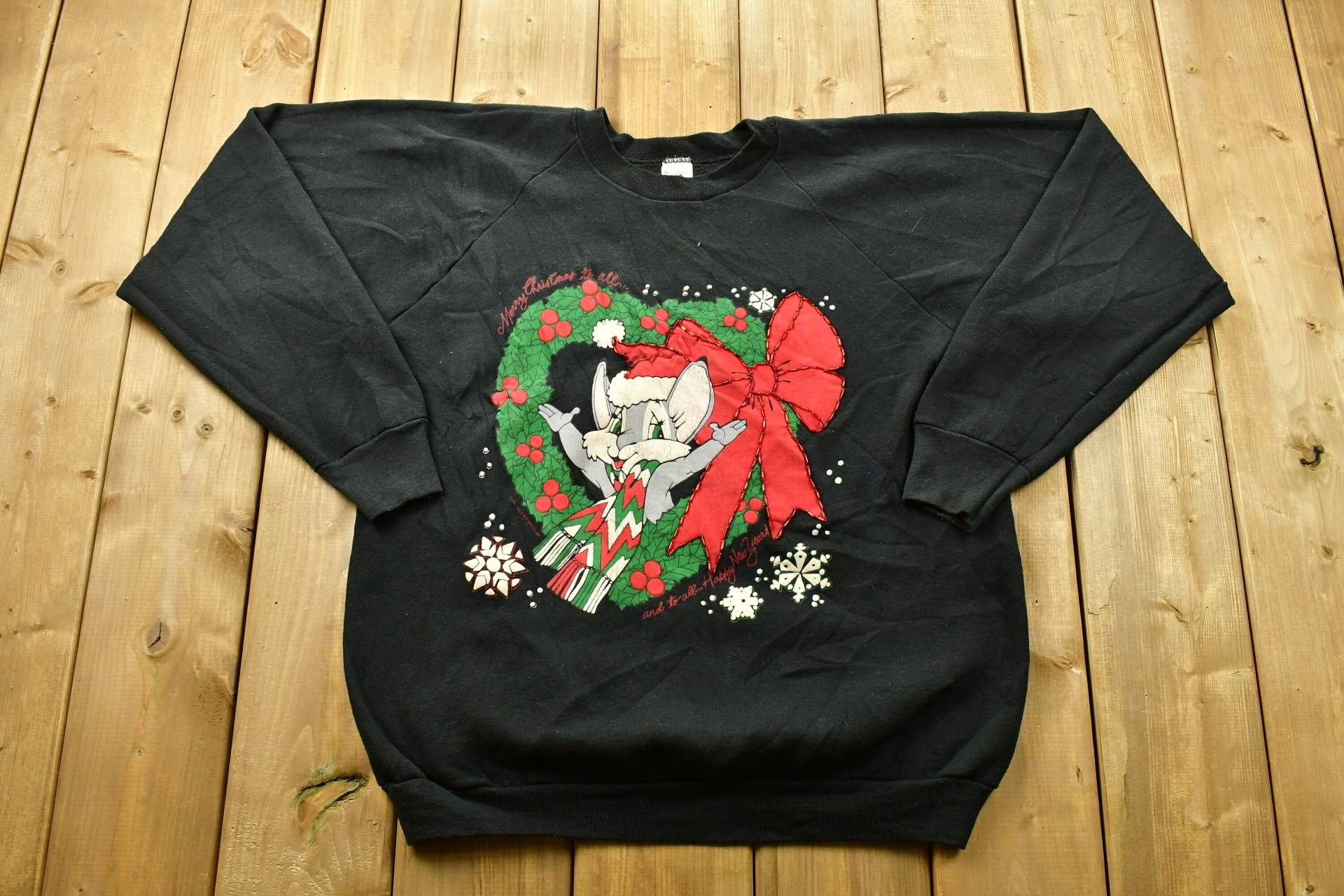 Vintage 90Er Jahre Merry Christmas Raglanärmel Crewneck Pullover, Urlaub Crewneck, Wintermode, Festlicher Grafikdruck, Mae in Usa von Lostboysvintage