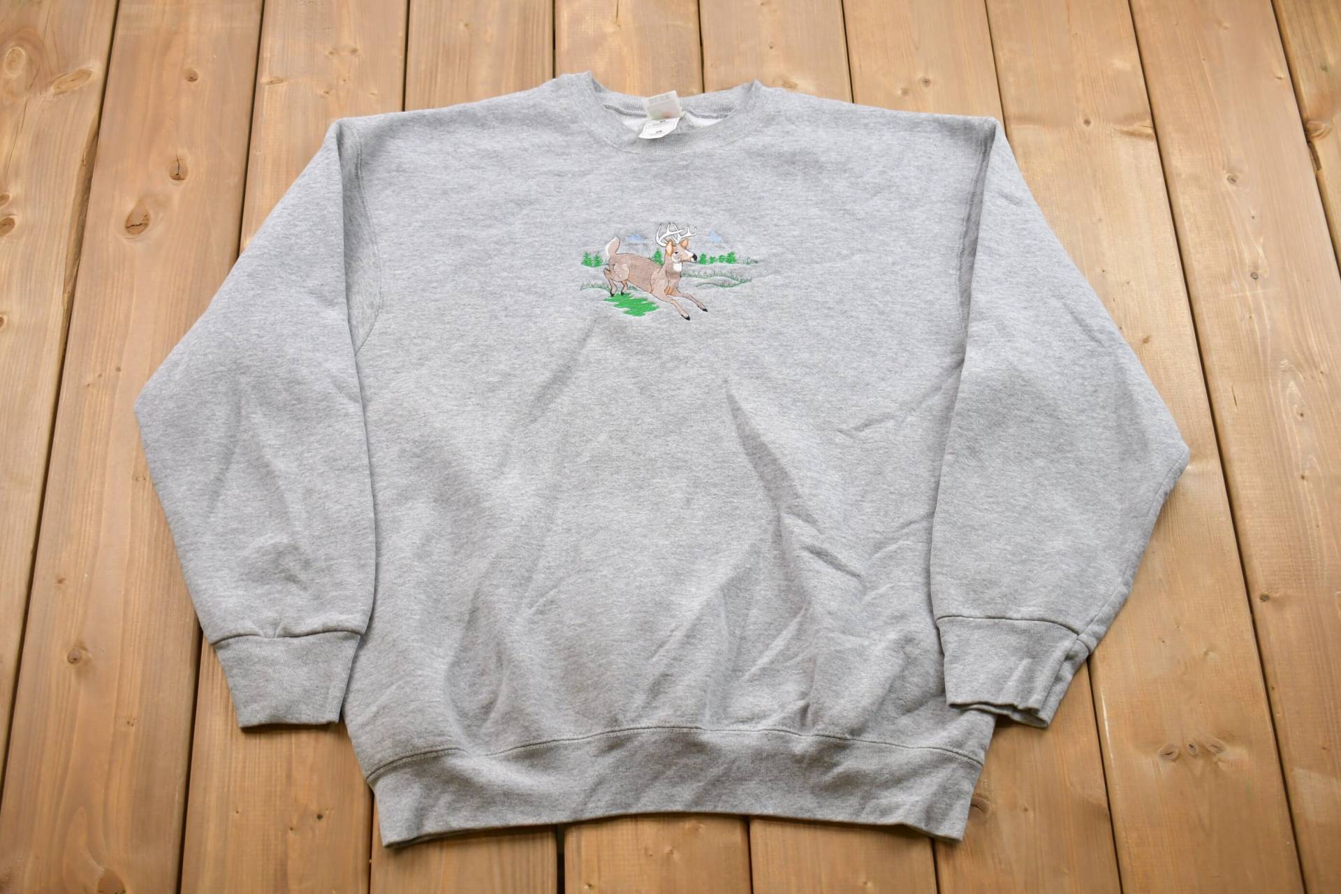 Vintage 90Er Jahre Hirsch Tier Sweatshirt/Rundhals Souvenir Athleisure Streetwear Bestickt von Lostboysvintage