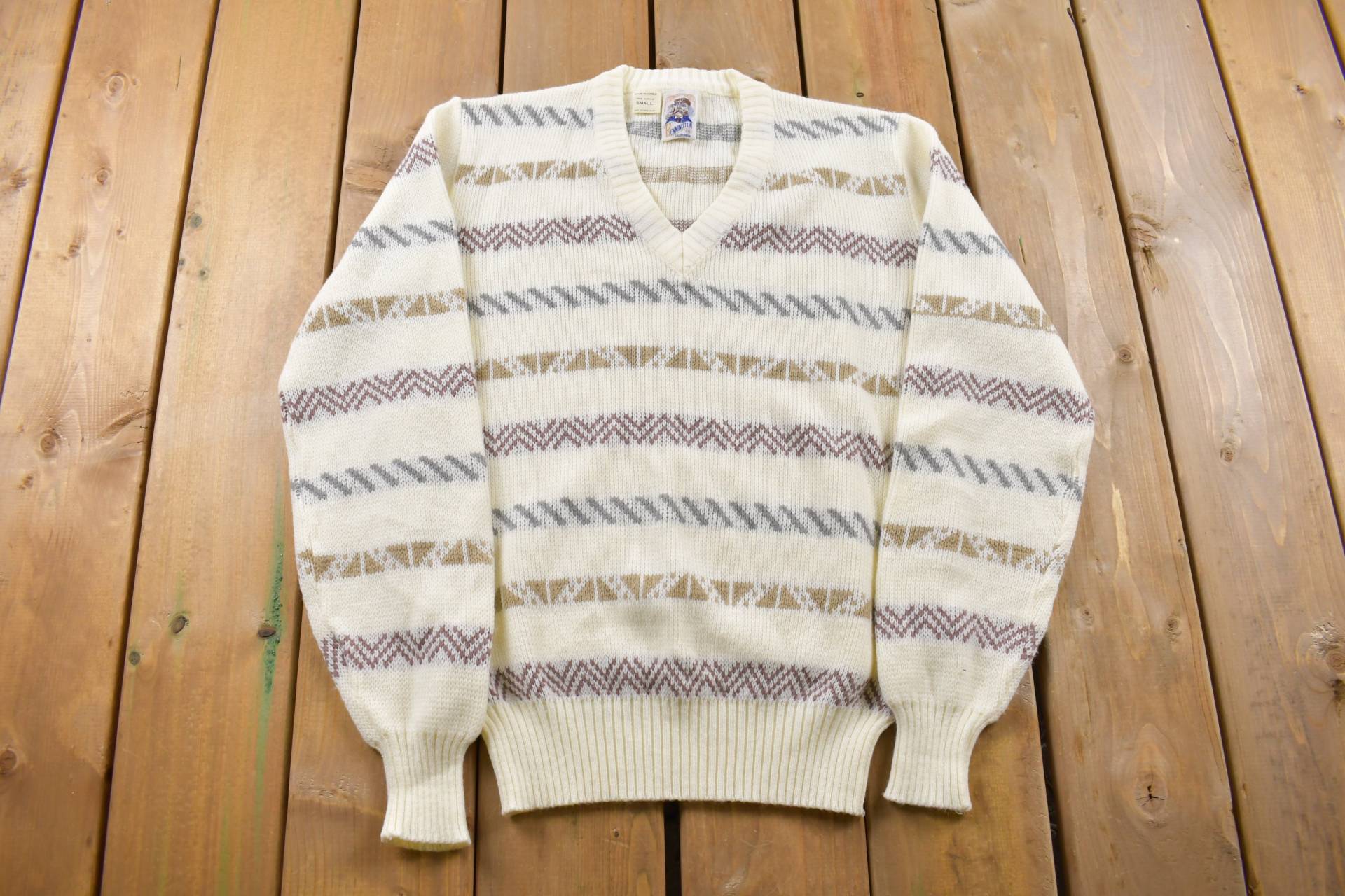 Vintage 90Er Jahre Kennington Pullover Mit V-Ausschnitt/Rundhalsausschnitt All Over Muster Bunt Sweatshirt Abstraktes von Lostboysvintage