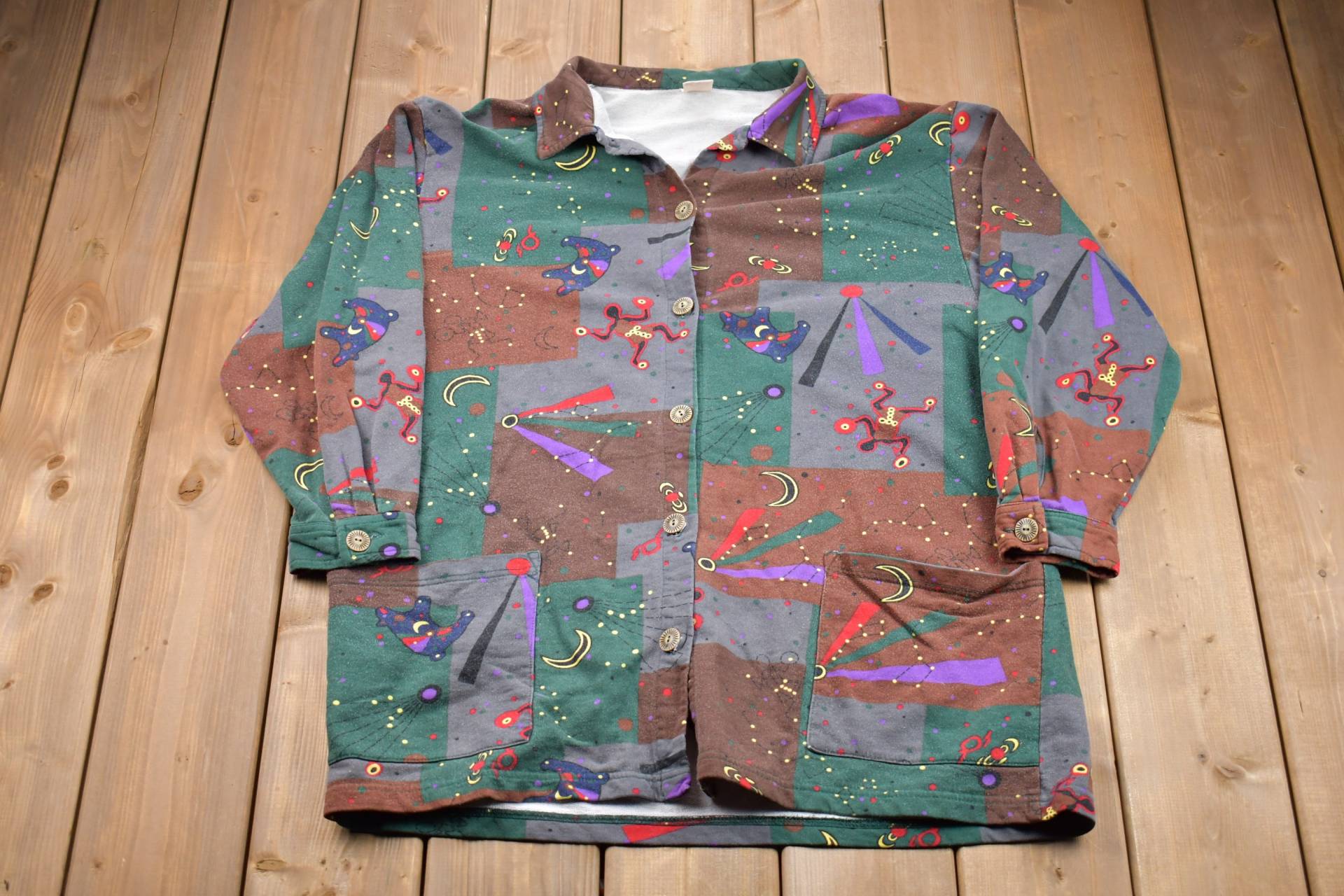 Vintage 90Er Jahre Kinder Nur Patchwork All Over Print Button Up Shirt/1990's Jacke Freizeitkleidung Muster Vintage 90Er Jahre Kinder Nur Patchwork All Over Print Button Up Shirt/1990's Jacke Freizeitkleidung Muster von Lostboysvintage