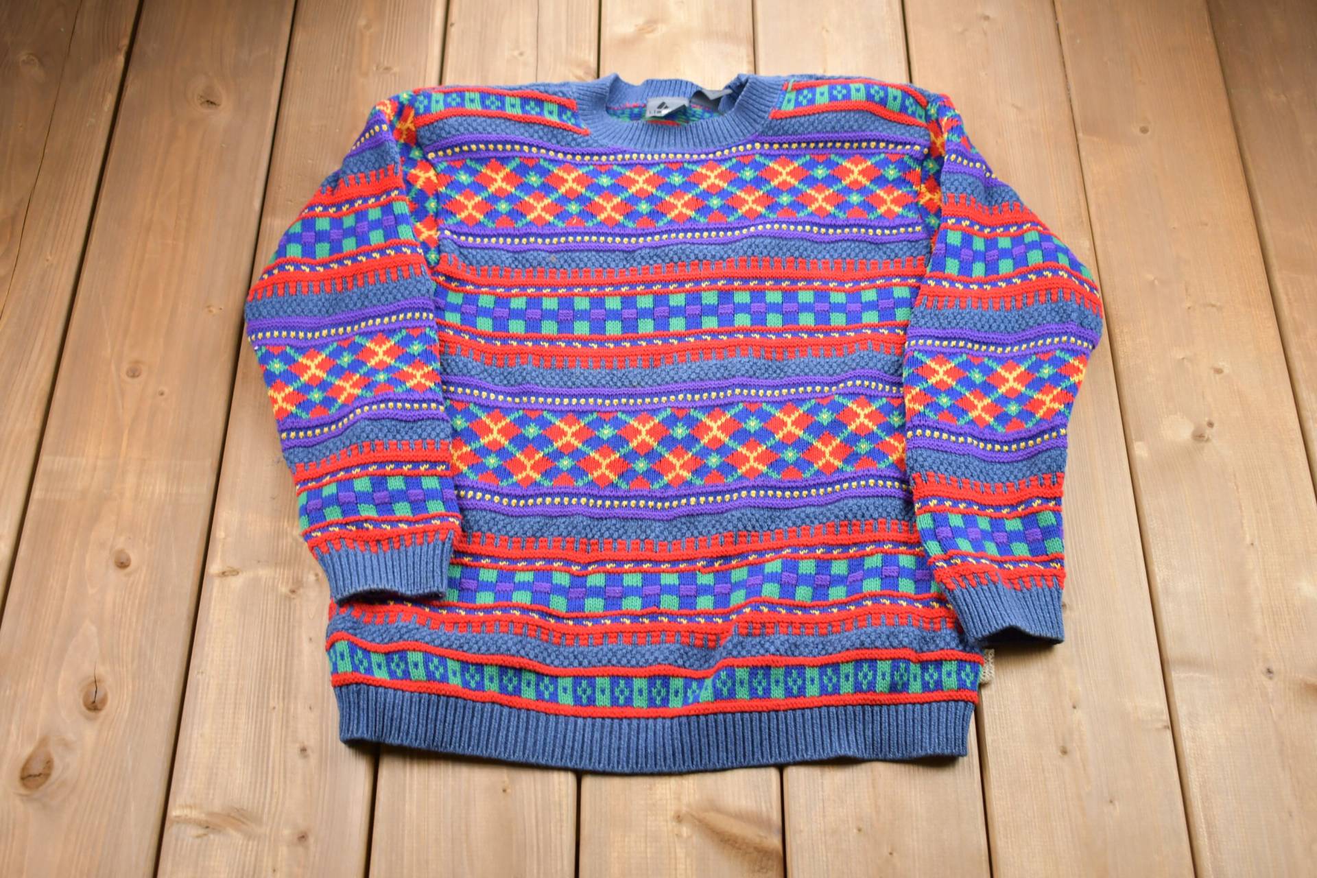 Vintage 90Er Jahre Liz Wear Abstrakt 3D Zopfmuster Pullover/Rundhals Muster Made in Usa von Lostboysvintage