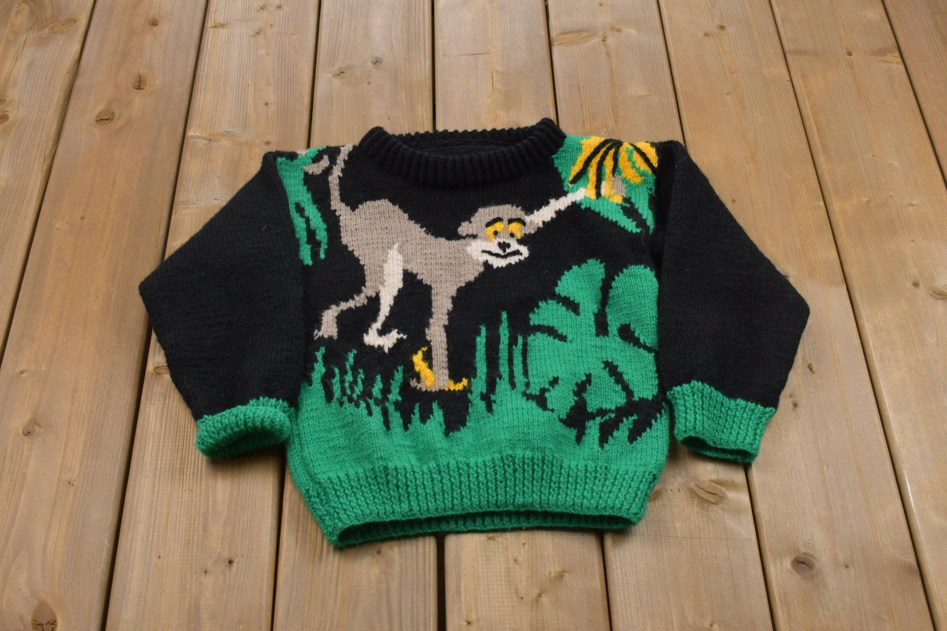 Vintage 90Er Jahre Swinging Monkey Pullover/Jugendstil Rundhalsausschnitt Musterpullover Outdoor Handgestrickt von Lostboysvintage