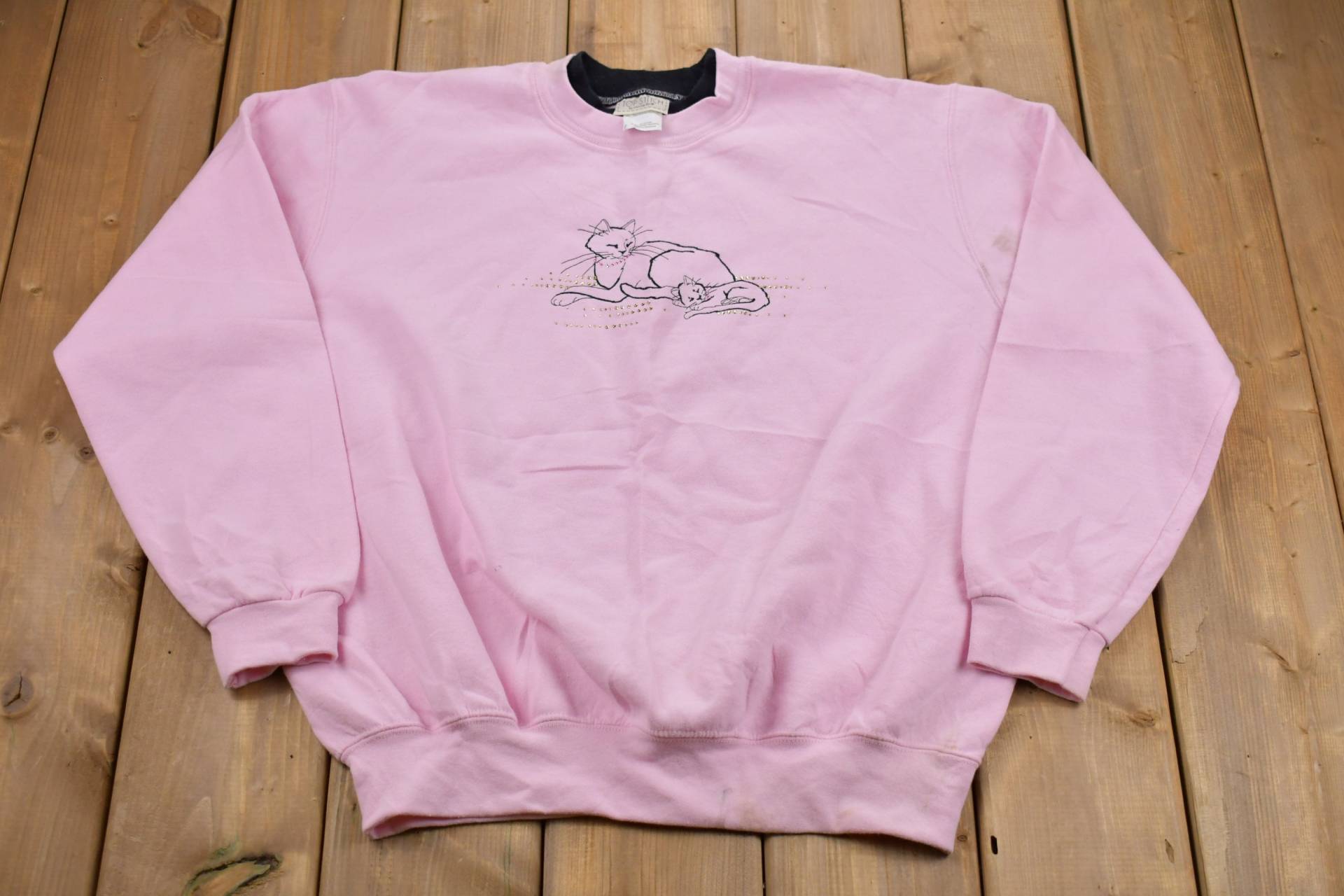 Vintage 90Er Jahre Top Stitch Morgensonne Katze Strass Grafik Rundhalsausschnitt/Tiere Sweatshirt Pullover von Lostboysvintage