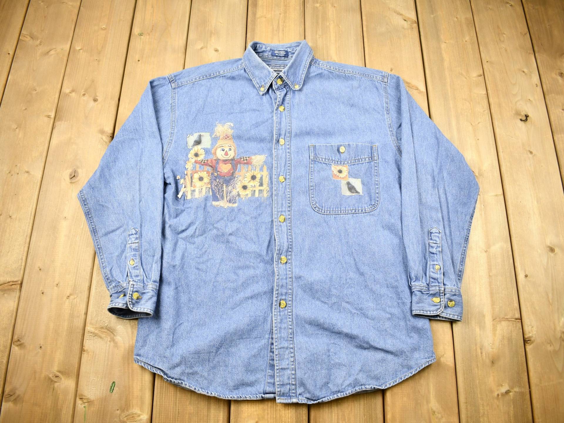 Vintage 1990Er Jahre Scarecrow Farm Theme Button Up Shirt/Flanell Kariertes Freizeithemd Patchwork von Lostboysvintage