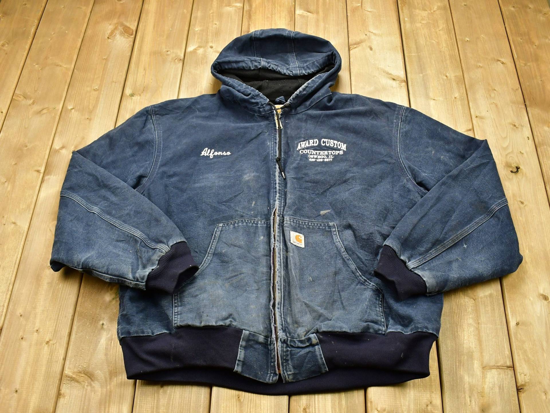 Vintage 90S Carhartt Bestickte Arbeitsjacke/Award Custom Made in Usa Mit Kapuze Abgenutzte U von Lostboysvintage